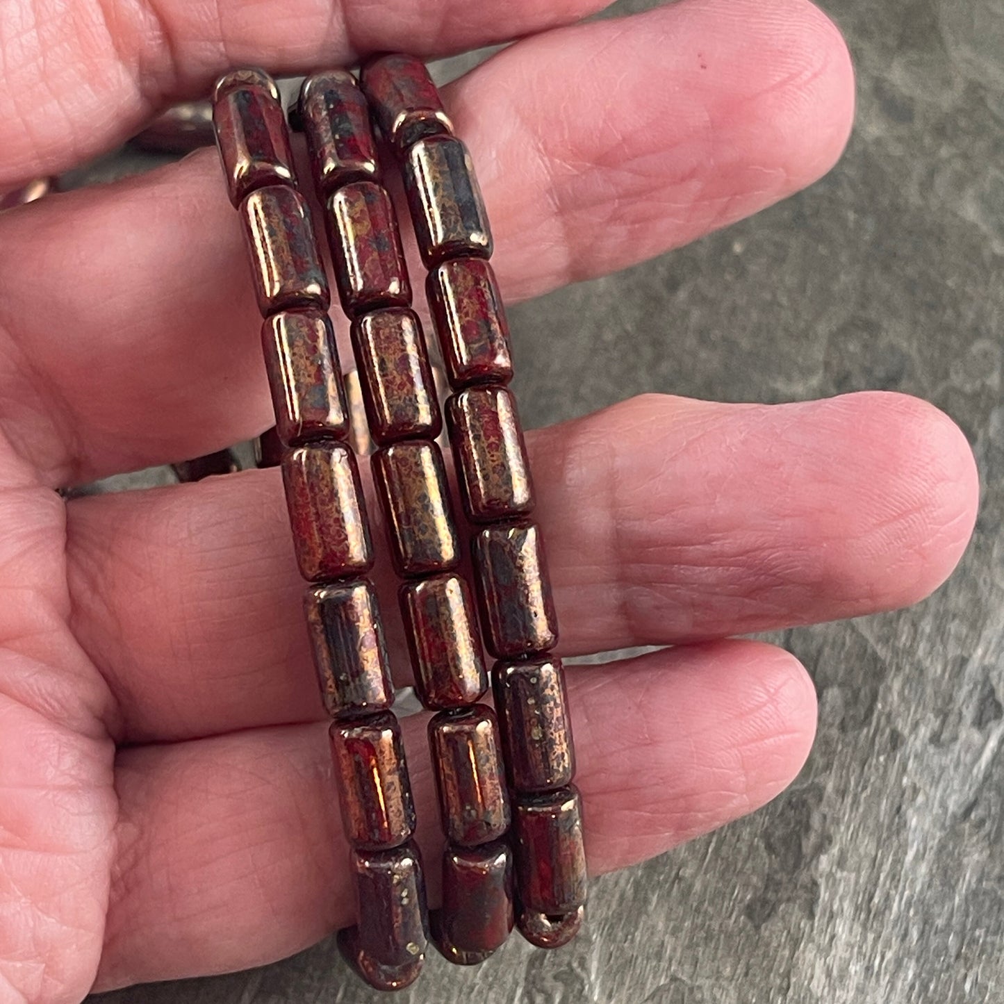 Maroon Picasso Czech Glass Beads ~ 9x5mm Tube Bead ~ Opaque Marron Glass with Bronze Picasso Finish (0671) * Qty. 16