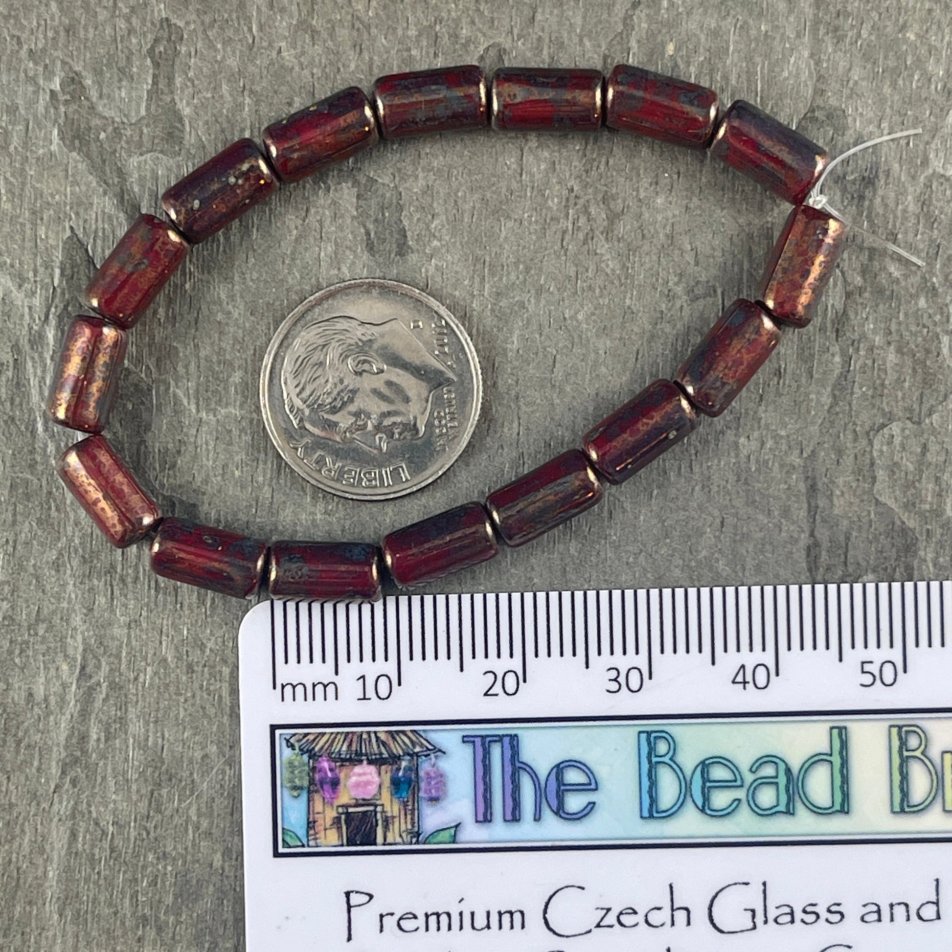 Maroon Picasso Czech Glass Beads ~ 9x5mm Tube Bead ~ Opaque Marron Glass with Bronze Picasso Finish (0671) * Qty. 16