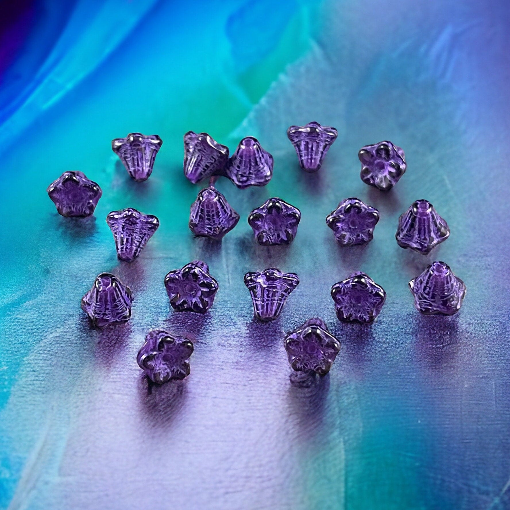 6x5mm Tiny Purple Trumpet Flower, Czech Glass Beads ~ Dark Purple Bell Flower with Purple Wash (N-0800) * Qty. 30