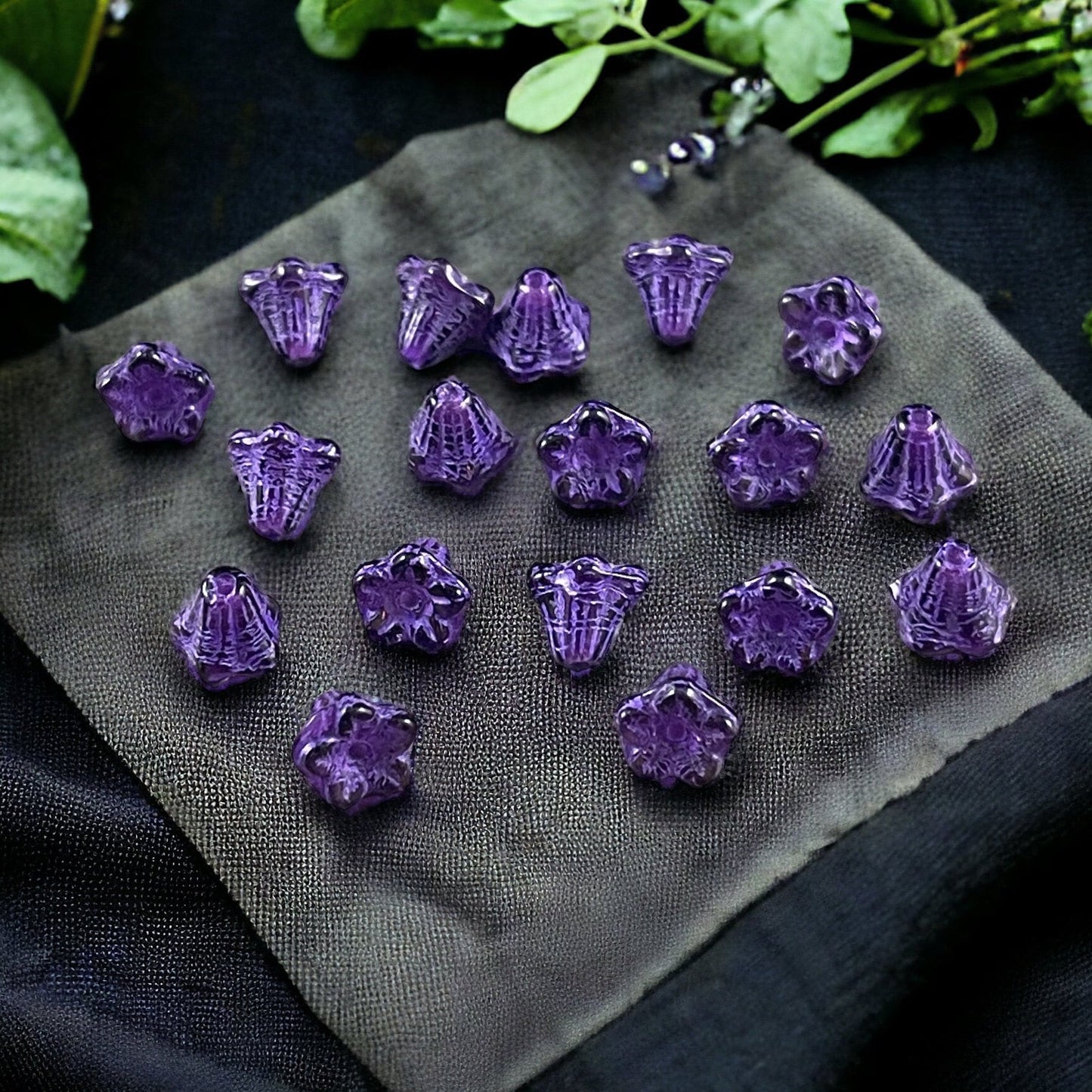 6x5mm Tiny Purple Trumpet Flower, Czech Glass Beads ~ Dark Purple Bell Flower with Purple Wash (N-0800) * Qty. 30