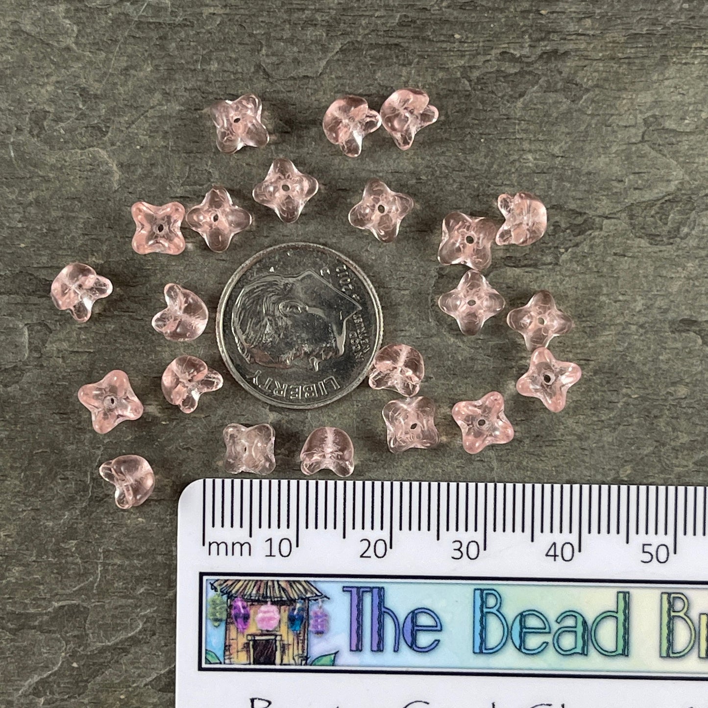 Small Peachy Pink Transparent Czech Glass Flower Beads ~ Pale Pink 5mm Four Point Flower Caps (7013) * Qty. 50