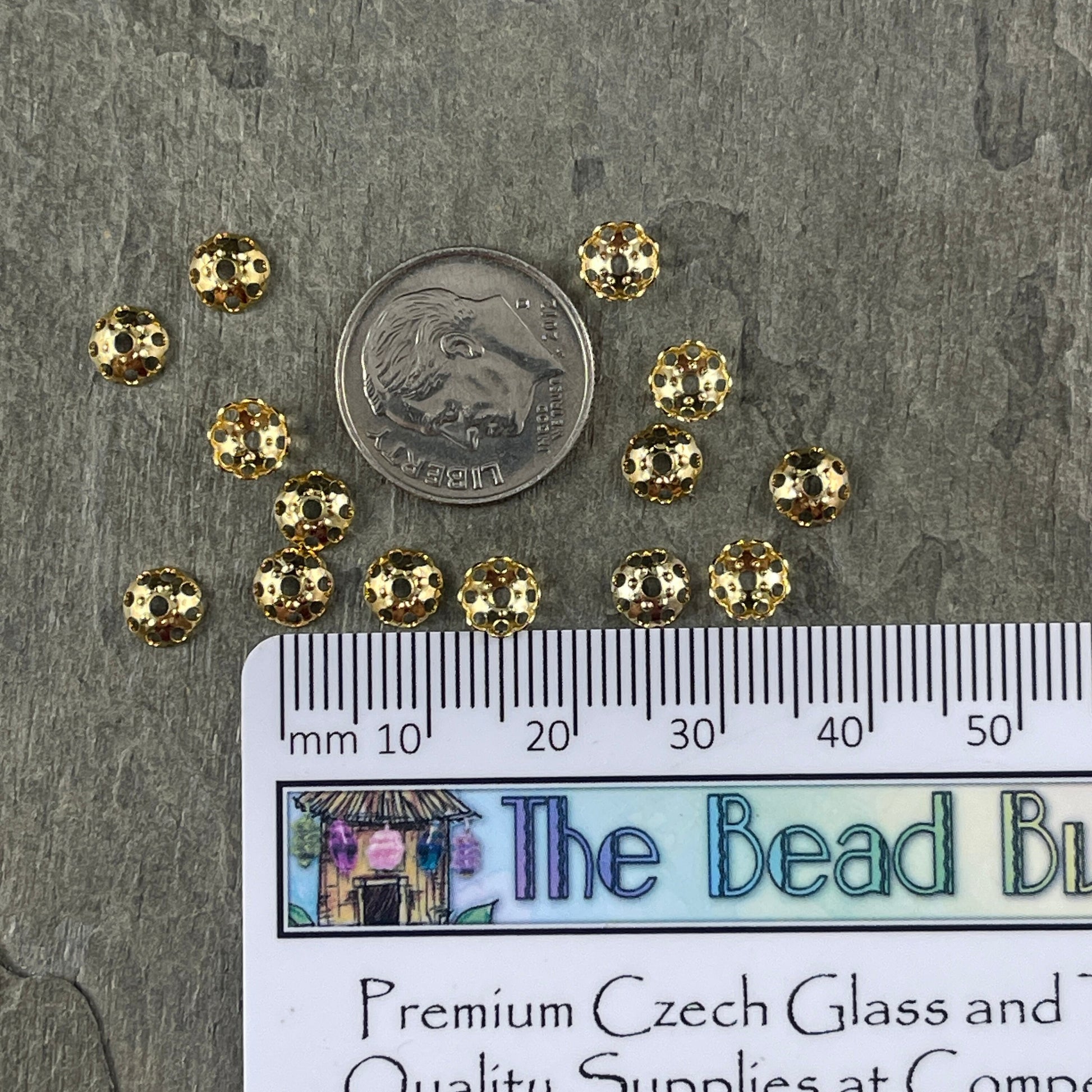 Lacy Cut-out 6mm Bead Caps, Gold Plated Brass 6mm Domed Bead Caps (BC-8101) * Qty. 50