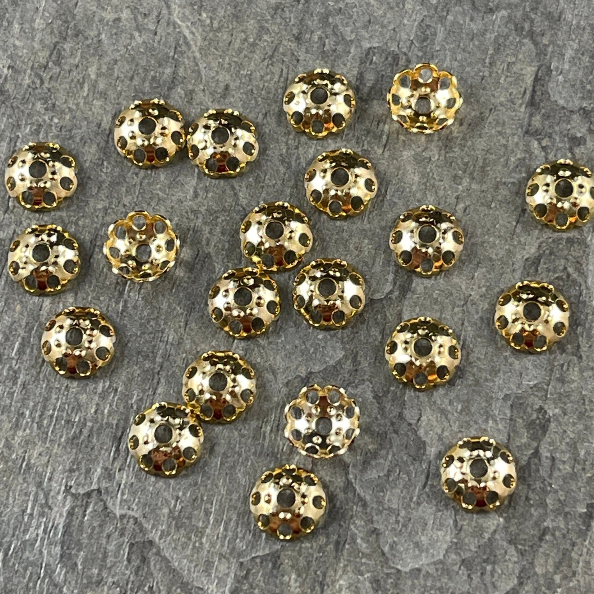 Lacy Cut-out 6mm Bead Caps, Gold Plated Brass 6mm Domed Bead Caps (BC-8101) * Qty. 50