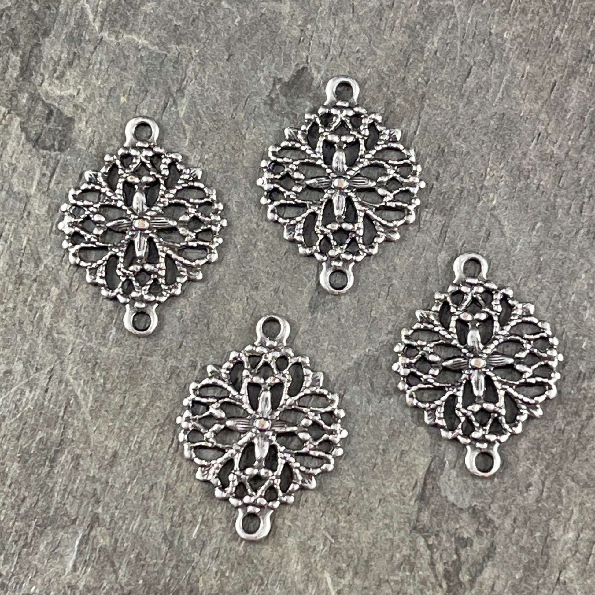 Silver Floral Themed Filigree Link - 13mm Delicate Filigree Connector, Oxidized Silver Plated Brass (A714) *Qty. 4