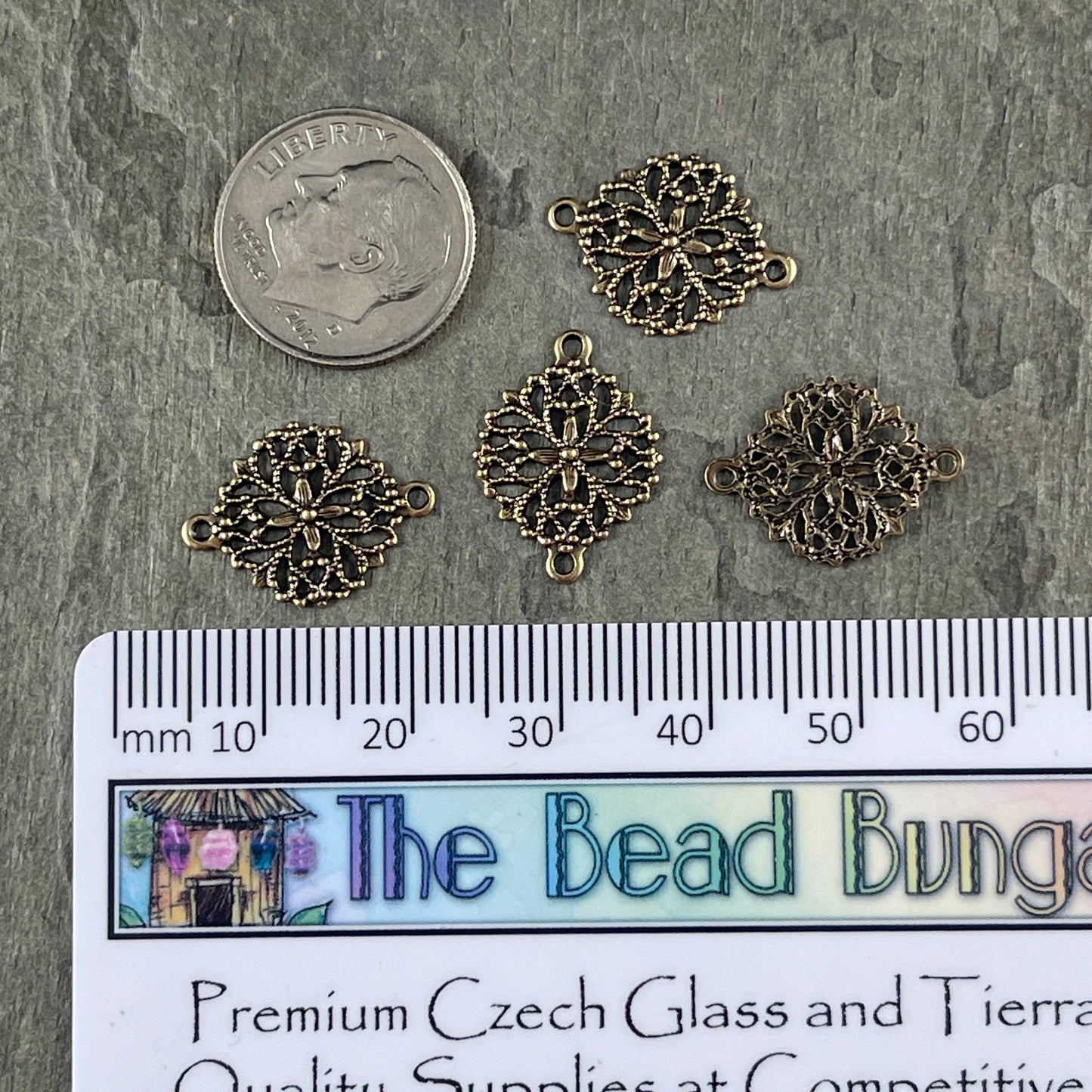 Antiqued Brass Floral Themed Filigree Link - 13mm Delicate Filigree Connector, Oxidized Brass (A716) *Qty. 4