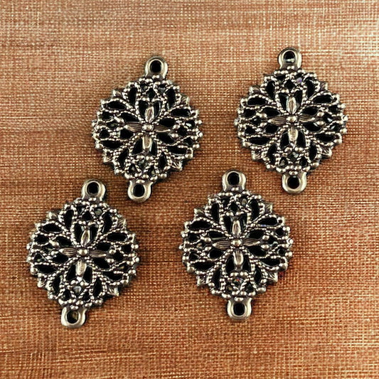 Antiqued Brass Floral Themed Filigree Link - 13mm Delicate Filigree Connector, Oxidized Brass (A716) *Qty. 4