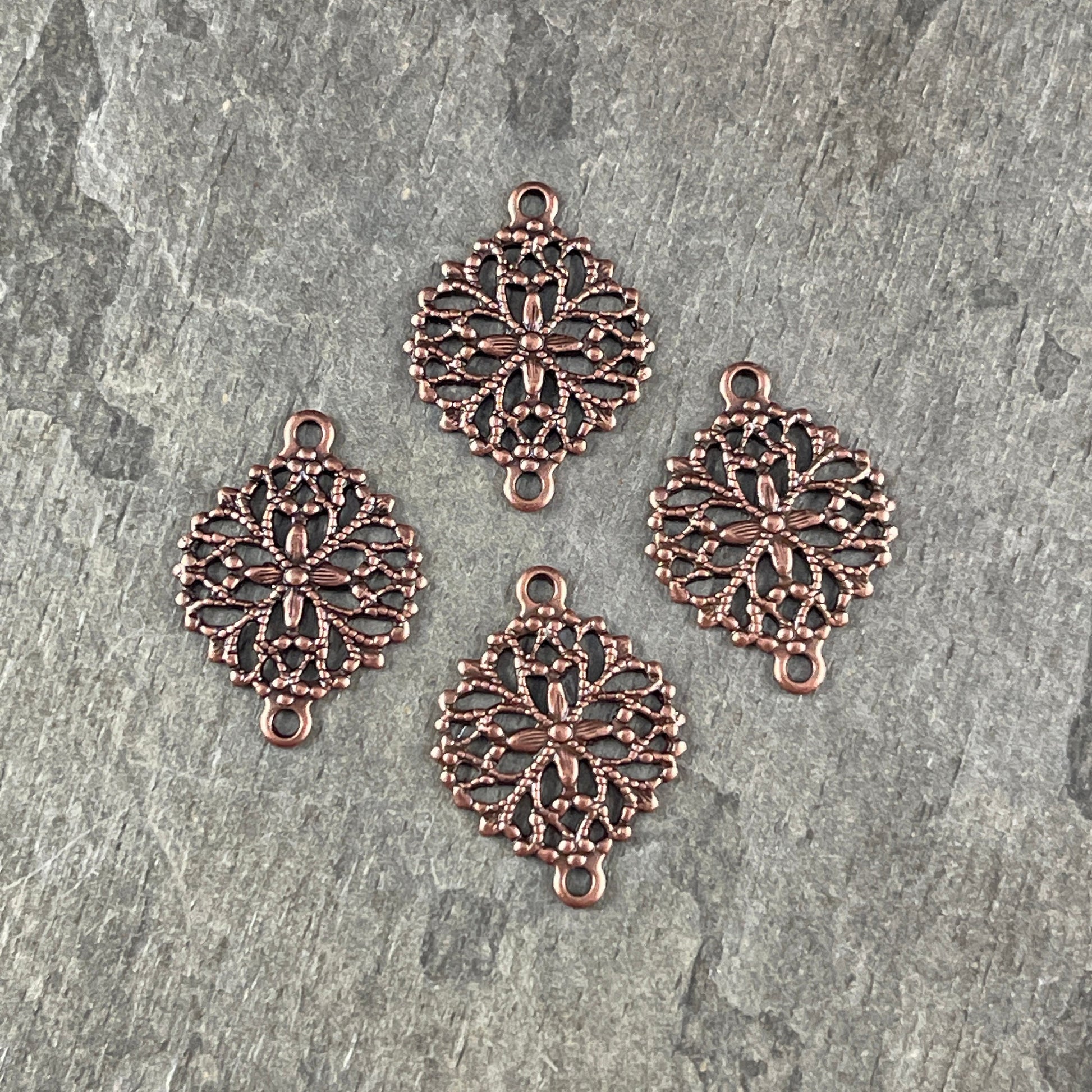 Antiqued Copper Floral Themed Filigree Link - 13mm Delicate Filigree Connector, Oxidized Copper Plated Brass (L120) * Qty. 4