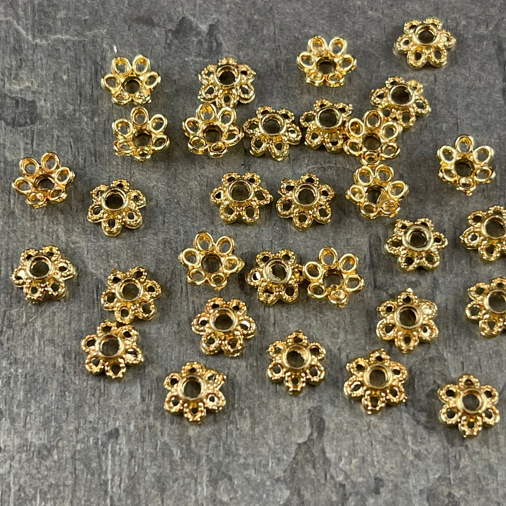 6mm Lacy 6-Petal Bead Caps, 18k Gold Plated Brass (J277-13G) * Qty. 50