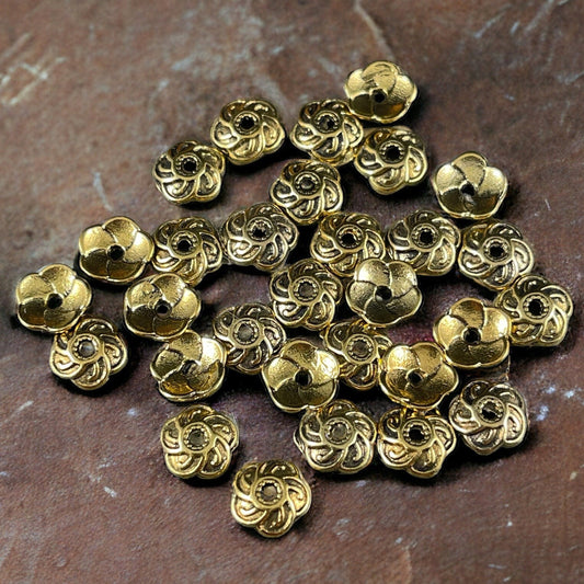 Antiqued Gold Bead Caps ~ Tibetan Style 9mm Swirly Petal Bead Caps, Nickel Free Large Shallow Bead Caps (EA9031Y-AG) * Qty. 100