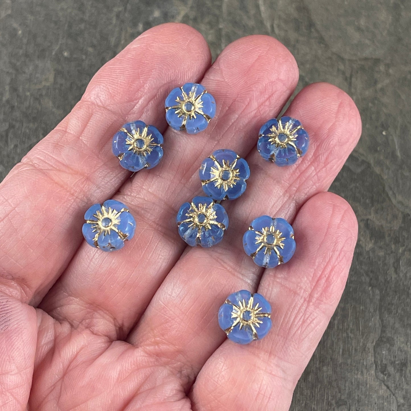 Czech Glass Beads - 10mm Sapphire Blue Hibiscus Flower Beads ~ Sapphire Opaline Glass with Gold Wash (FL10/RJ-1221) * Qty. 12