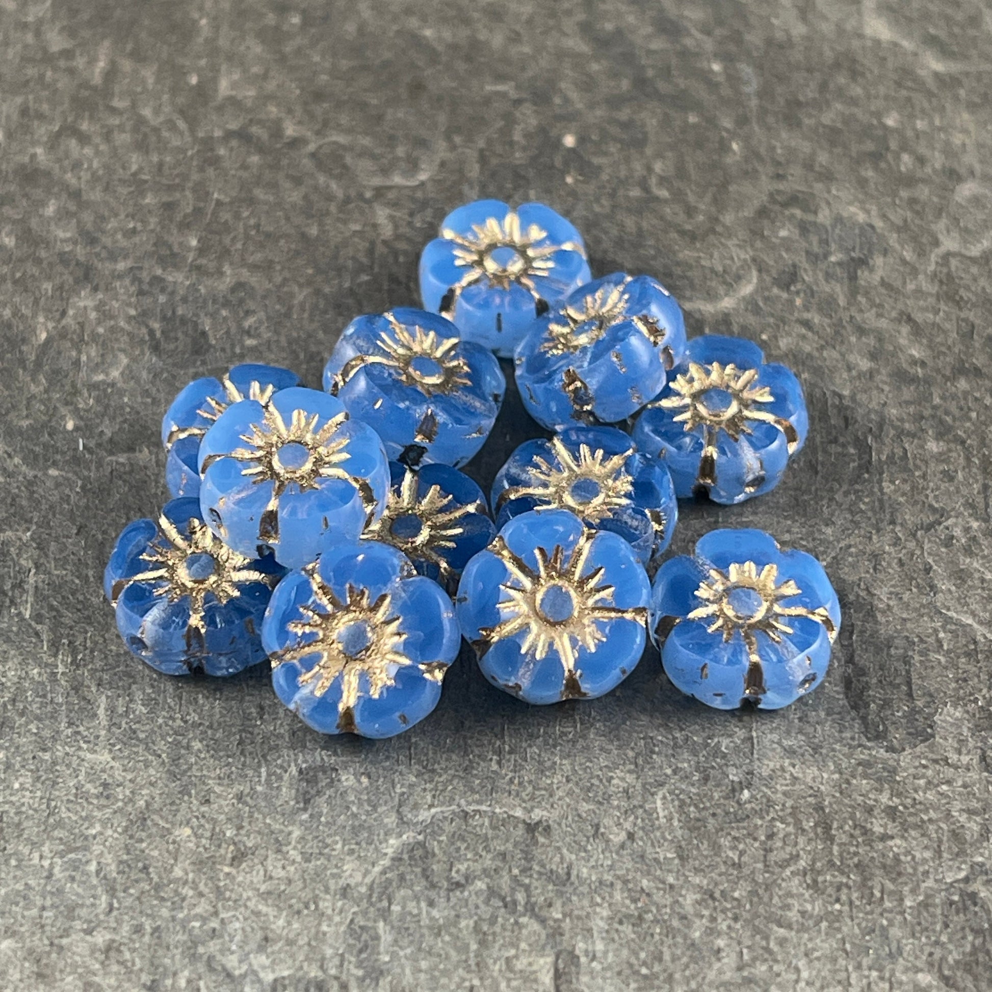 Czech Glass Beads - 10mm Sapphire Blue Hibiscus Flower Beads ~ Sapphire Opaline Glass with Gold Wash (FL10/RJ-1221) * Qty. 12