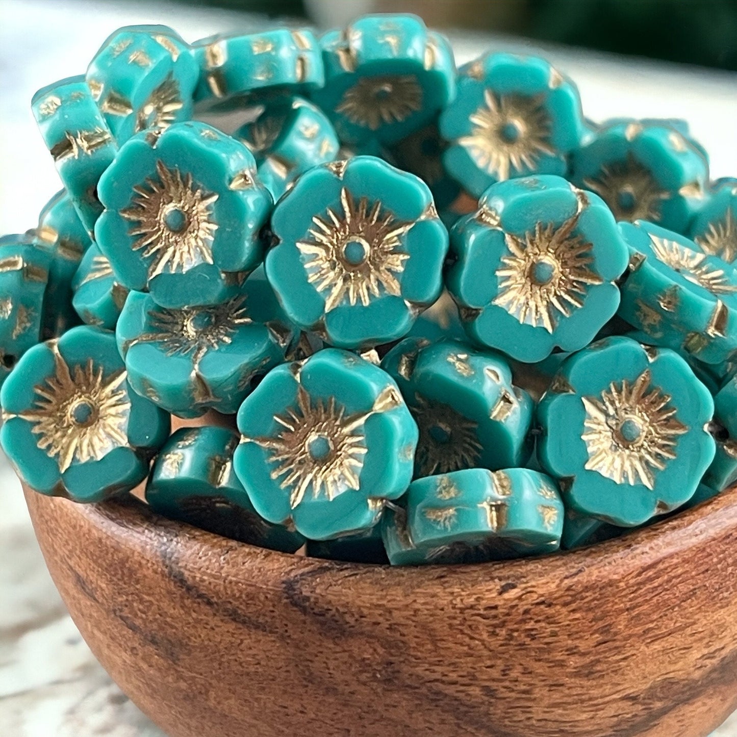 Czech Glass Beads - 12mm Opaque Turquoise Hibiscus Flower Beads ~ Dark Turquoise Glass with Gold Wash (FL12/RJ-1164) * Qty. 6