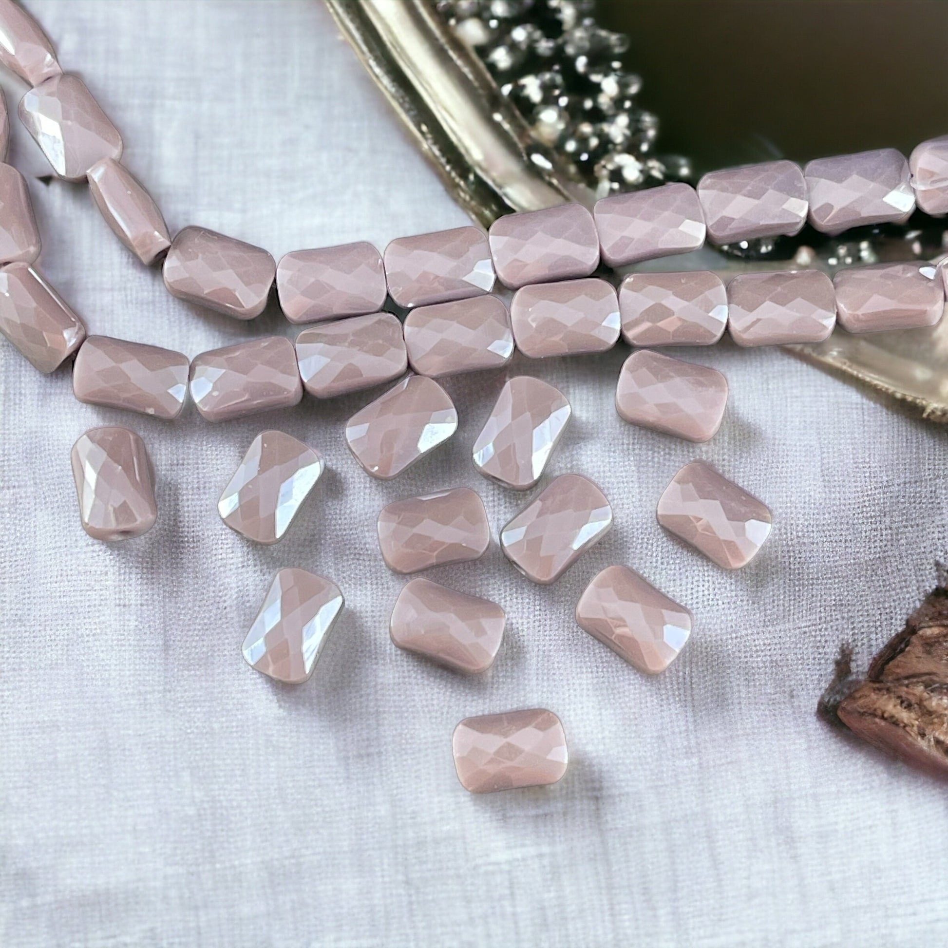 Taupe Faceted Rectangle, 9x6mm Glass Beads, Taupe Glass Beads with AB Finish * Qty. 12