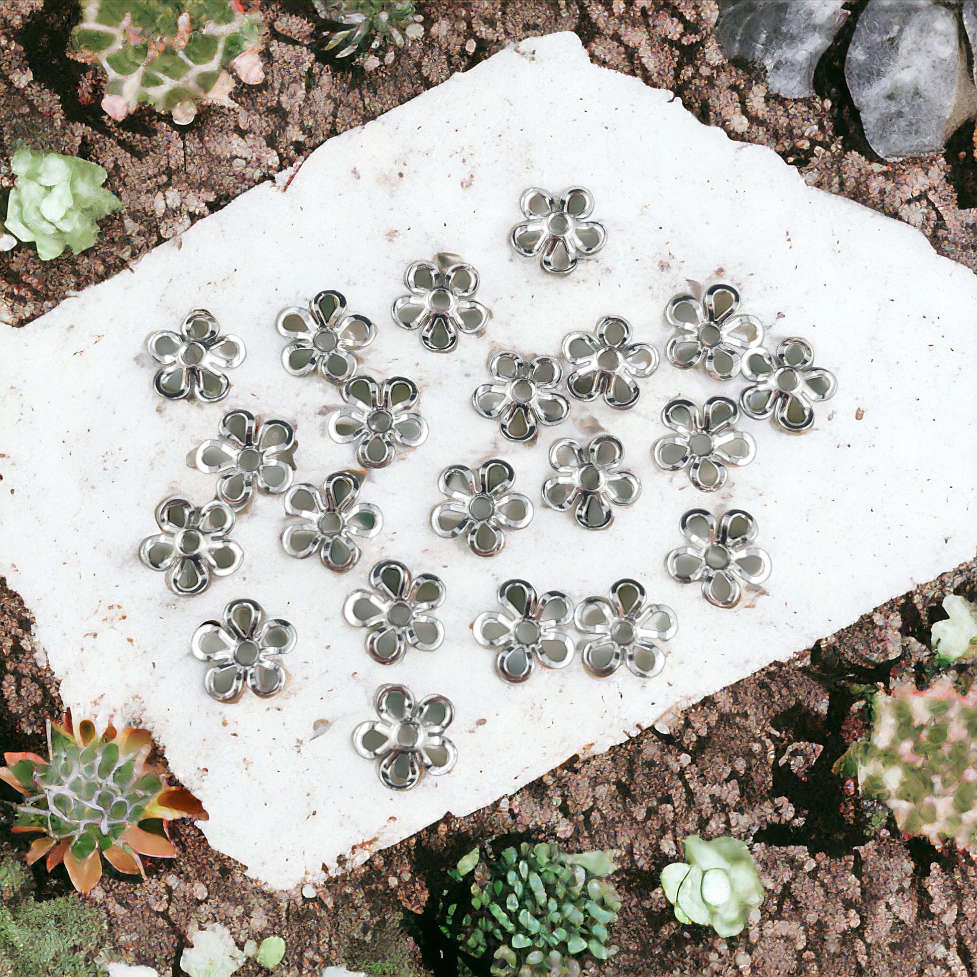 6-Petal Flower Bead Caps, Open Curved Petals, 9mm Silver Plated Brass Bead Caps (Z030-13C) * Qty. 24