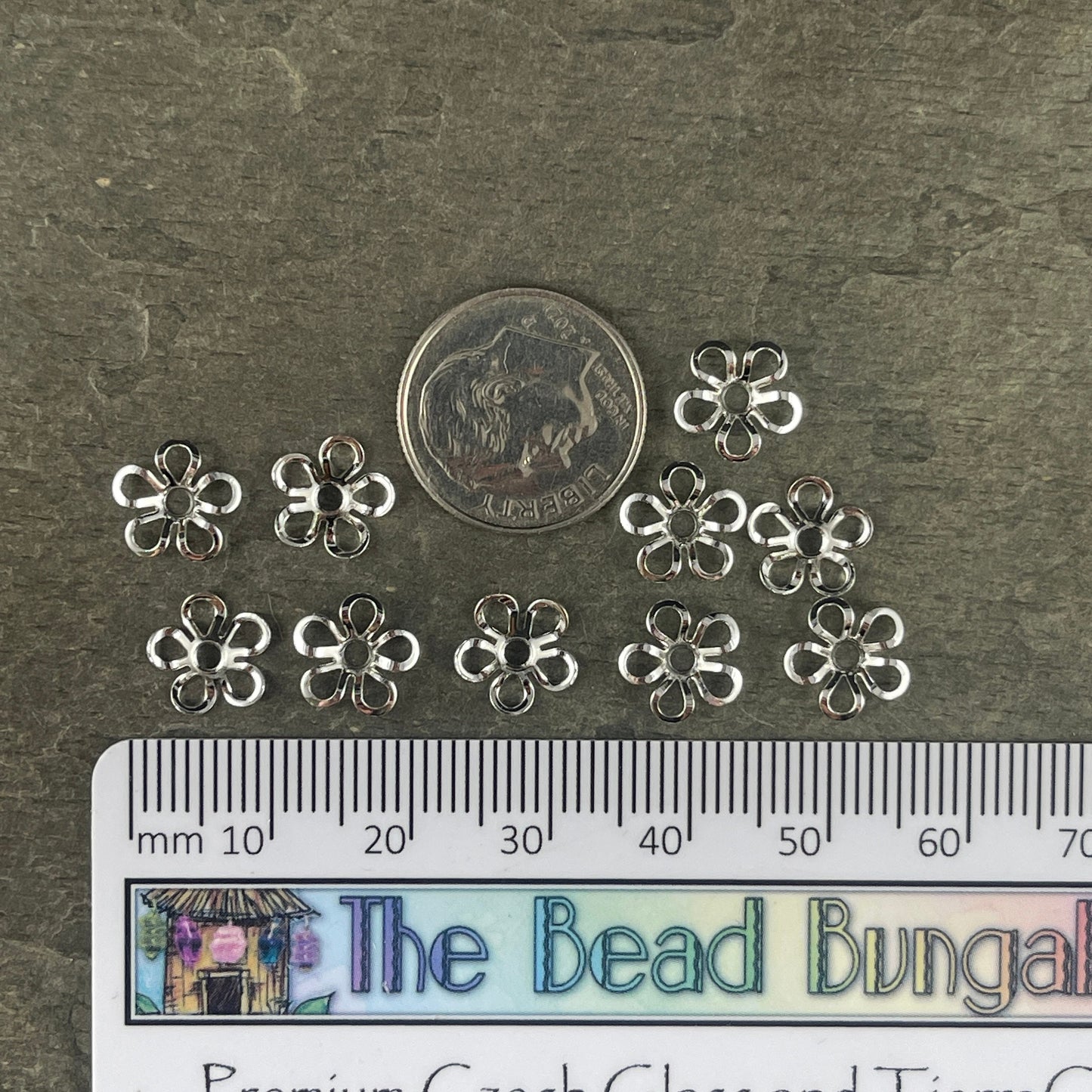 6-Petal Flower Bead Caps, Open Curved Petals, 9mm Silver Plated Brass Bead Caps (Z030-13C) * Qty. 24