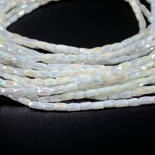 Opaque White AB 5mm Faceted Tube Beads, Shiny White Glass Bead, 5x3mm Tube Beads (FGT-OWAB1) * 17" Strand