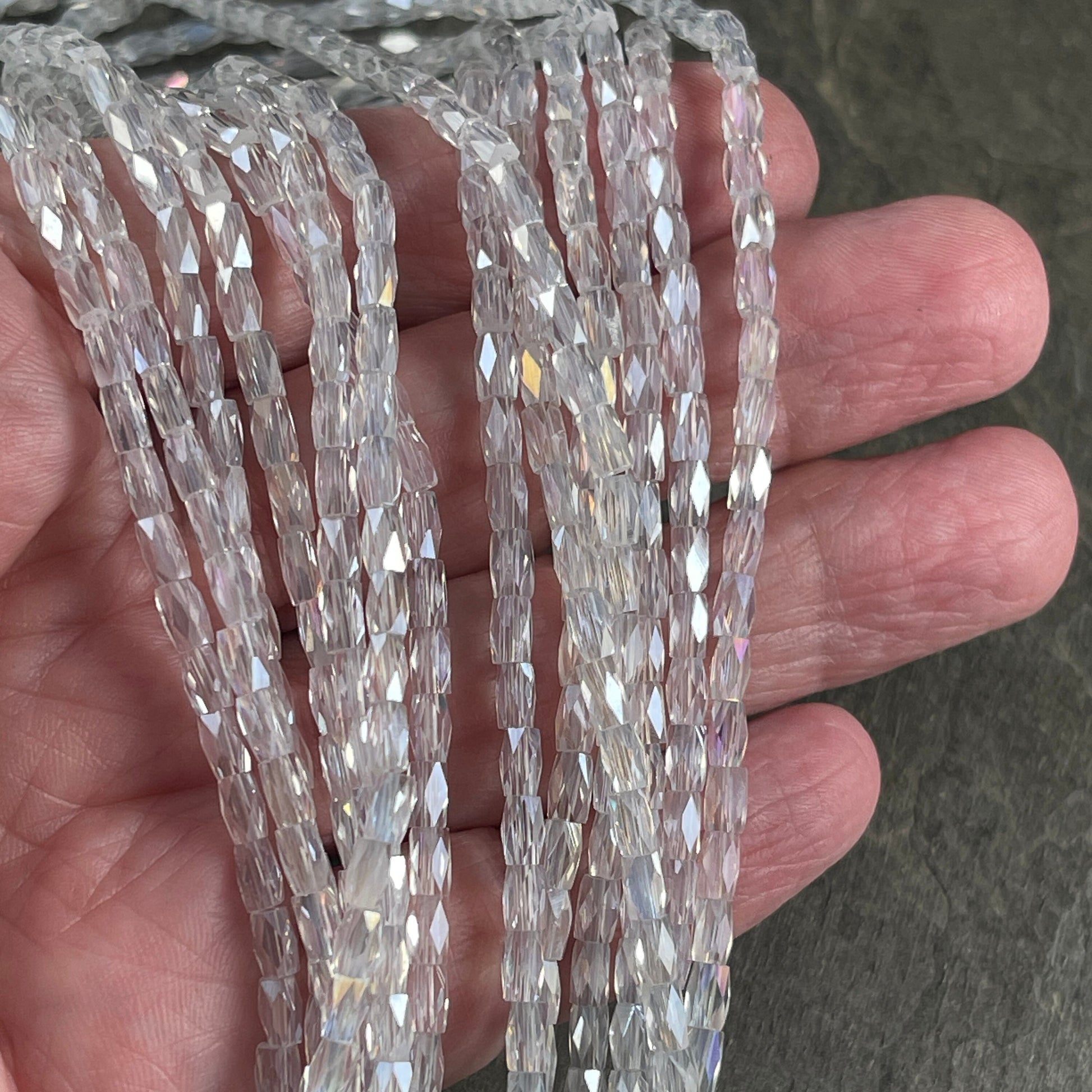 Crystal Clear AB 5mm Faceted Tube Beads, Transparent Crystal with AB Finish, 5x3mm Tube Beads (FGT-TCab1) * 18" Strand