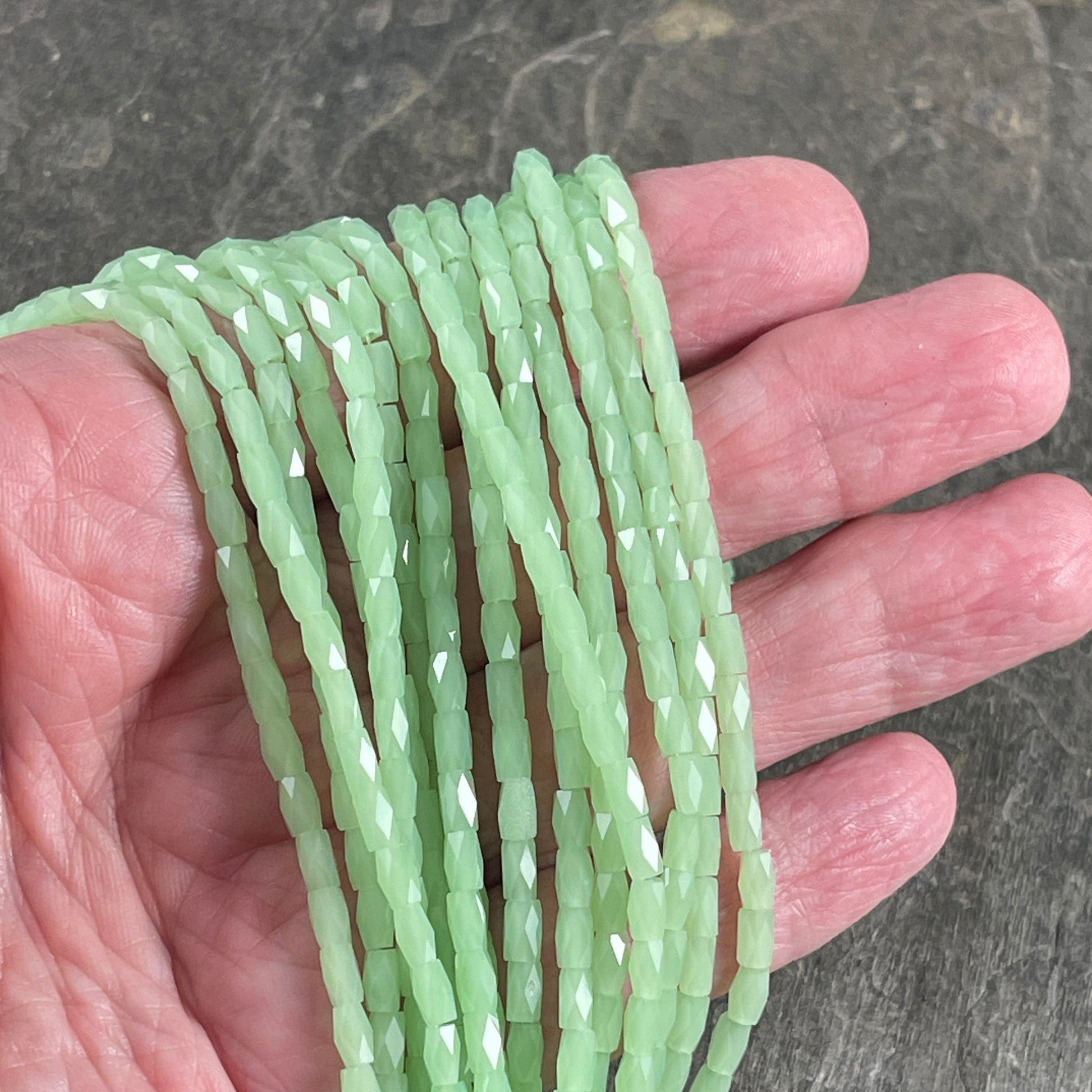 5mm Faceted Tube Beads, Pastel Green, 5x3mm Light Green Honey Dew Melon Glass Beads (FGT-LGM) * 18" Strand