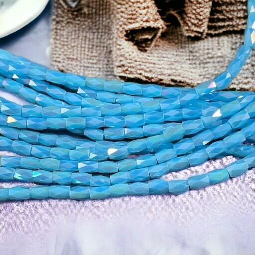 Small Faceted Glass Beads Sky Blue AB 5mm Faceted Tube Beads Light Blue with AB 5x3mm Tube Beads (FGT-SkyBl) * 18" Strand