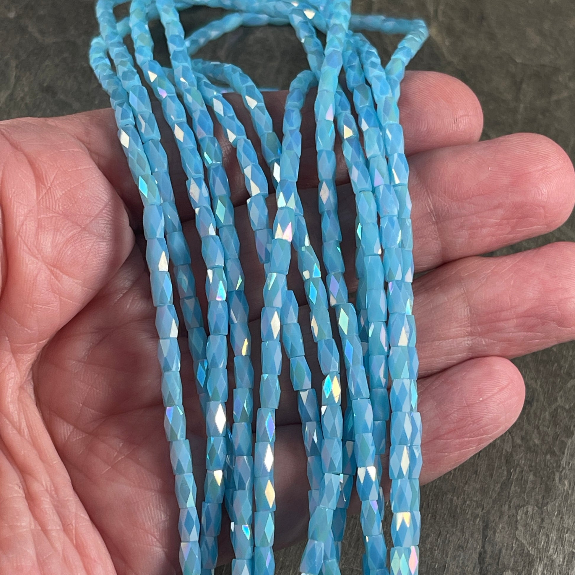 Small Faceted Glass Beads Sky Blue AB 5mm Faceted Tube Beads Light Blue with AB 5x3mm Tube Beads (FGT-SkyBl) * 18" Strand