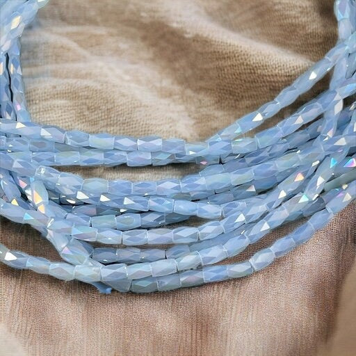 Light Sapphire AB 5mm Faceted Tube Beads, Milky Pastel Blue with AB, 5x3mm Babyu Blue Tube Beads (MLBab1) * 18" Strand