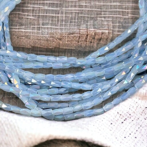 Light Sapphire AB 5mm Faceted Tube Beads, Milky Pastel Blue with AB, 5x3mm Babyu Blue Tube Beads (MLBab1) * 18" Strand