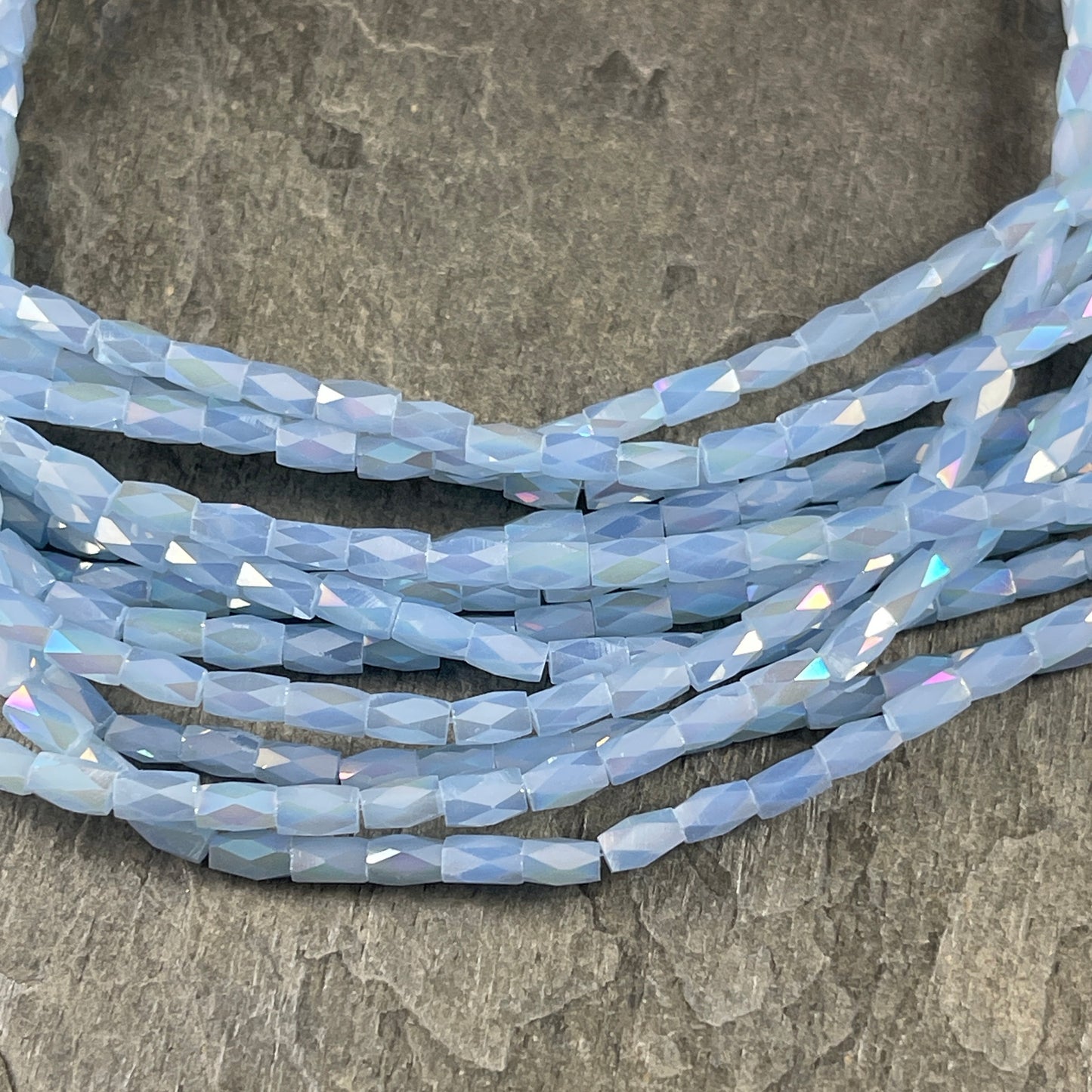 Light Sapphire AB 5mm Faceted Tube Beads, Milky Pastel Blue with AB, 5x3mm Babyu Blue Tube Beads (MLBab1) * 18" Strand