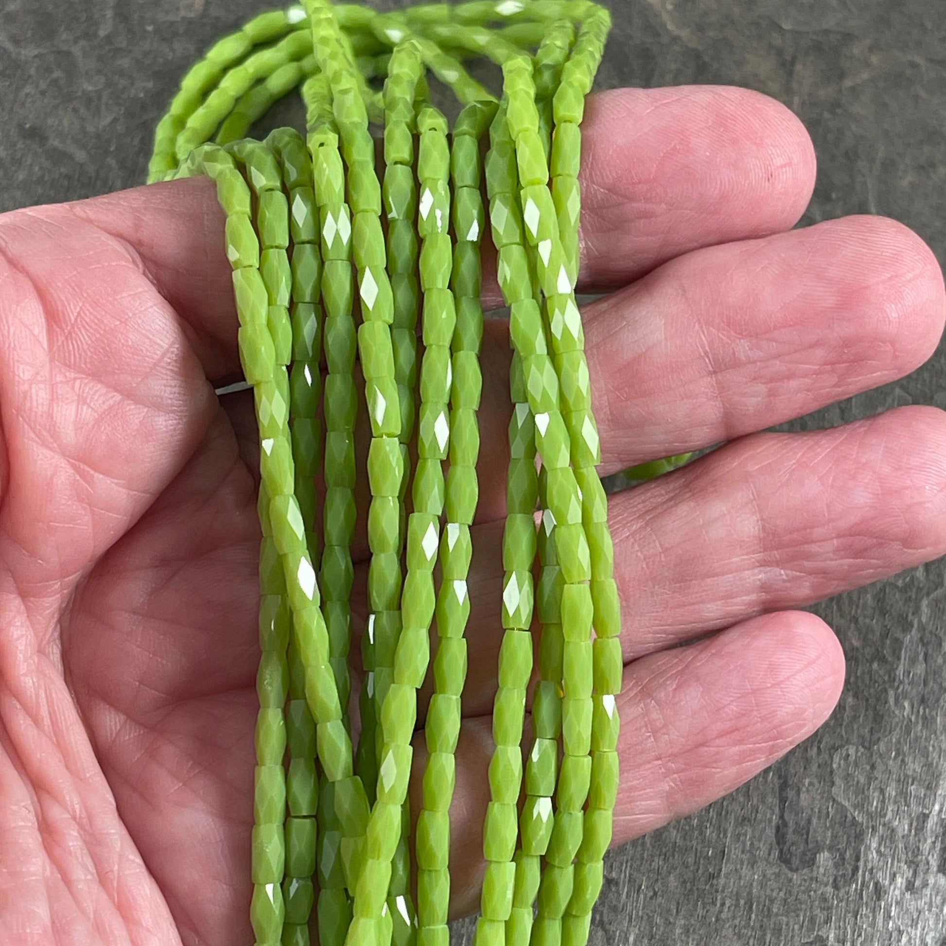 5mm Faceted Tube Beads, Charteruse Green 5x3mm Glass Beads, Avocado Green Faceted Beads (FGT-AG) * 18" Strand