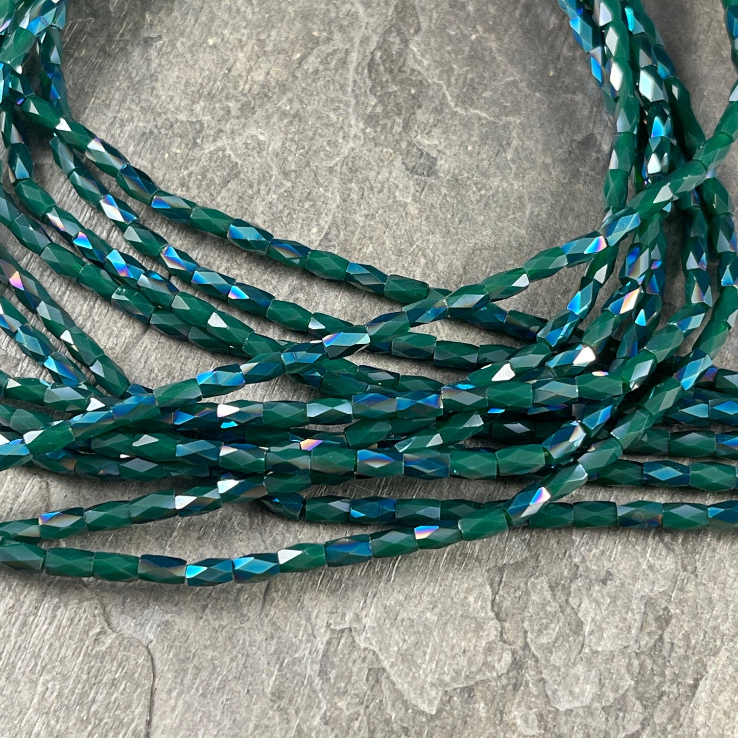 5mm Faceted Tube Beads, Teal with AB Luster, 5x3mm Teal Green/Blue Faceted Glass Beads * 18" Strand