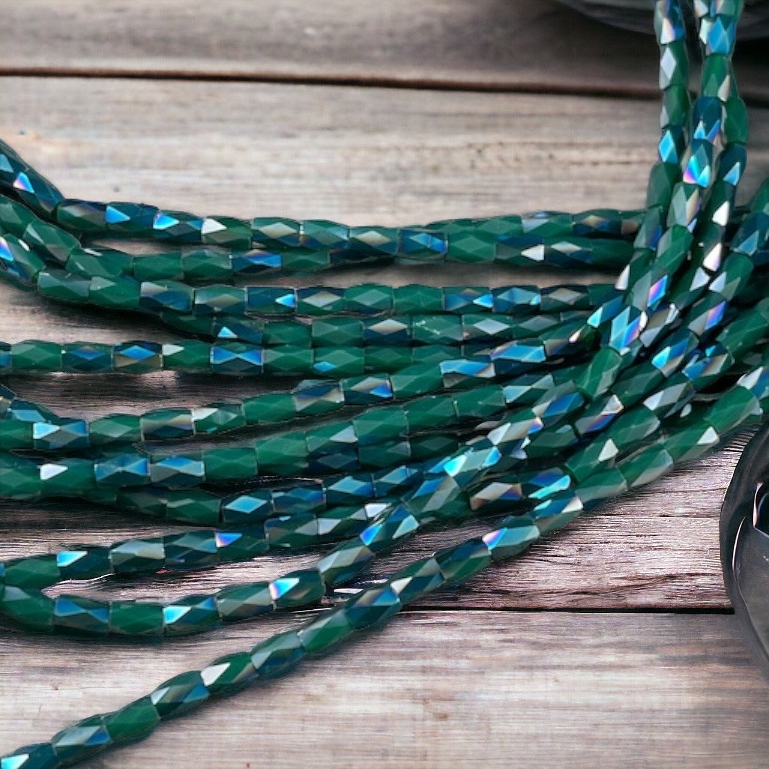 5mm Faceted Tube Beads, Teal with AB Luster, 5x3mm Teal Green/Blue Faceted Glass Beads * 18" Strand