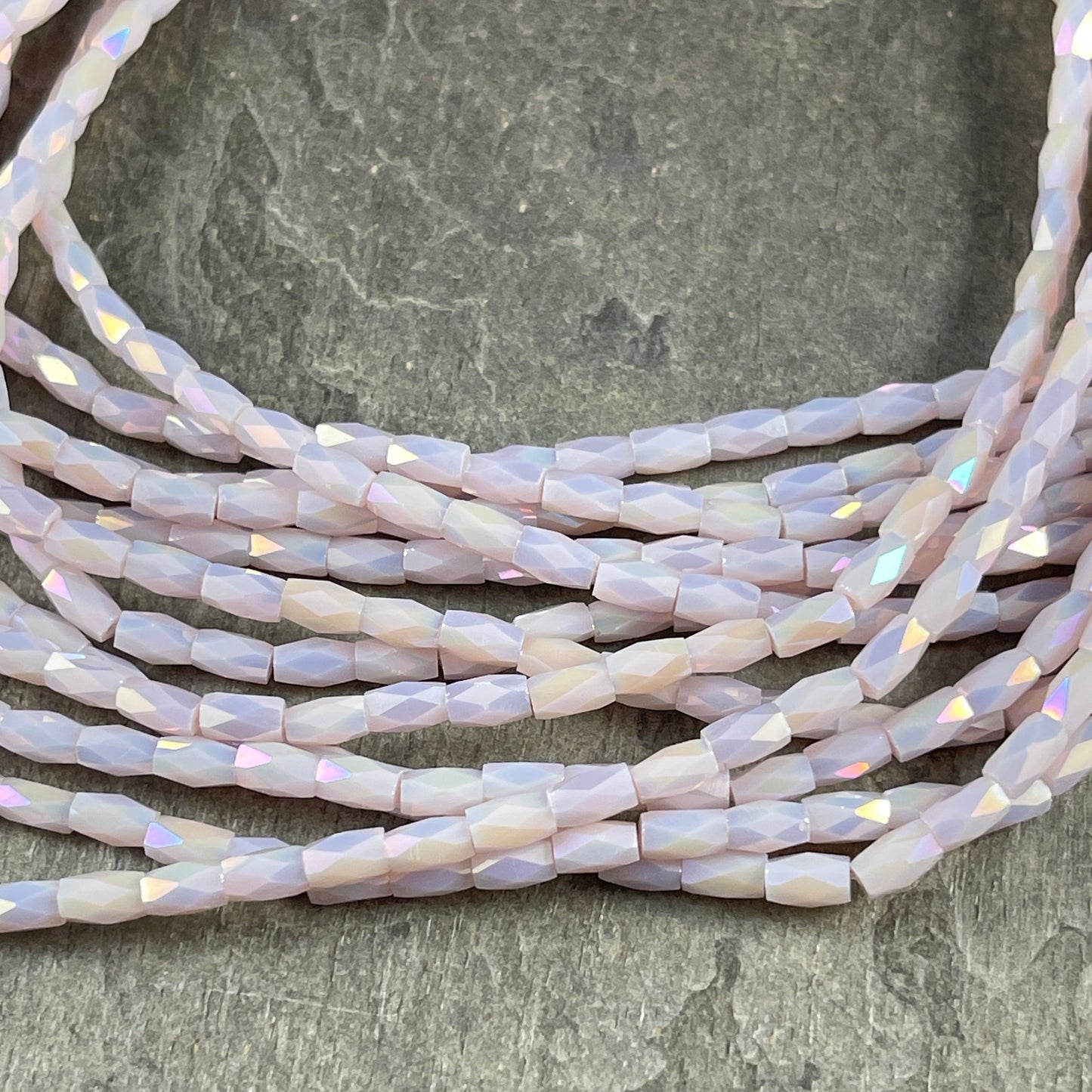 5mm Faceted Tube Beads, Opaque Beige with AB Finish, 5x3mm Beige AB Glass Beads (FGT-BeigeAB) * 18" Strand