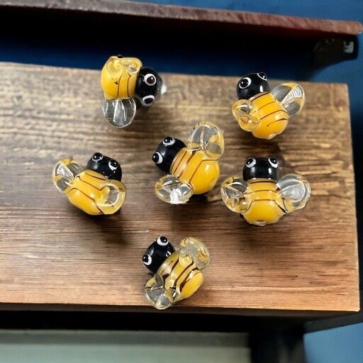 Bee Beads, Yellow and Black Bumble Bees, Lamp Work Beads - Bumble Bee Lampwork Beads - 13mm - Select Pair or Individual from Options