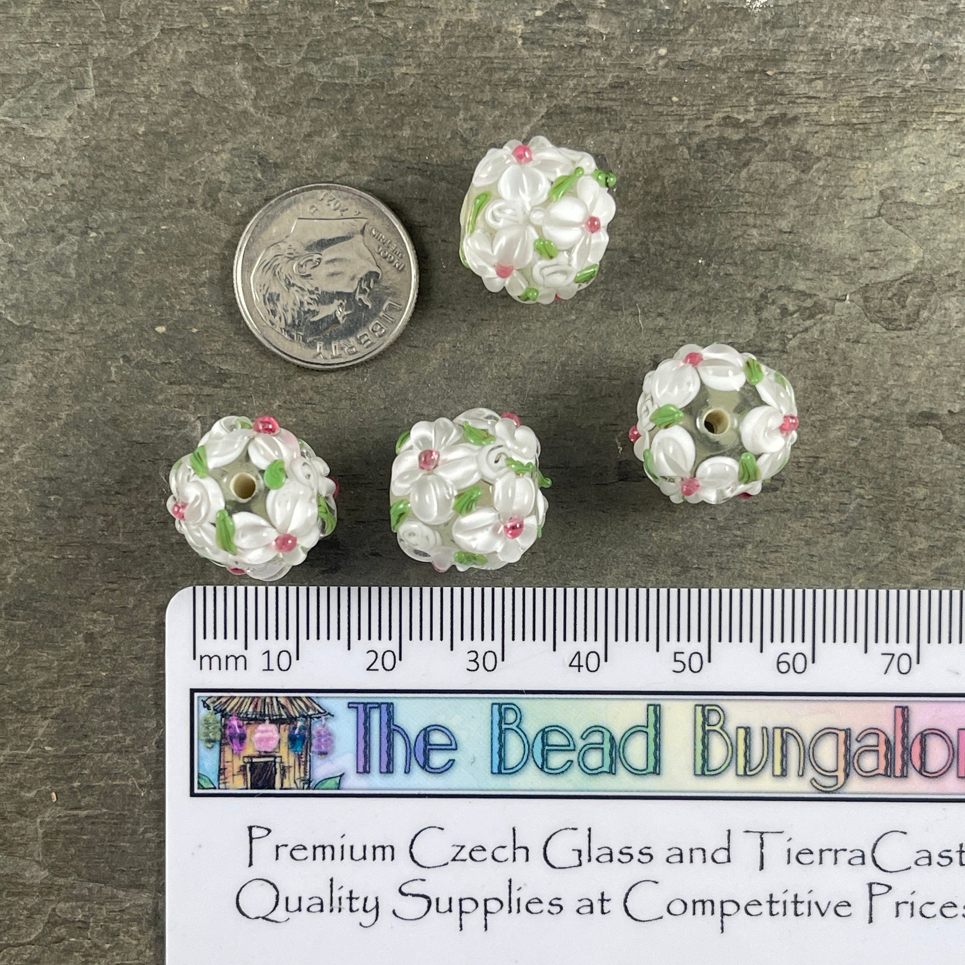 White Lampwork Flower Beads, 14mm White Flower Lampwork Beads (LB202) Floral Theme Lampwork Beads * Qty. 2