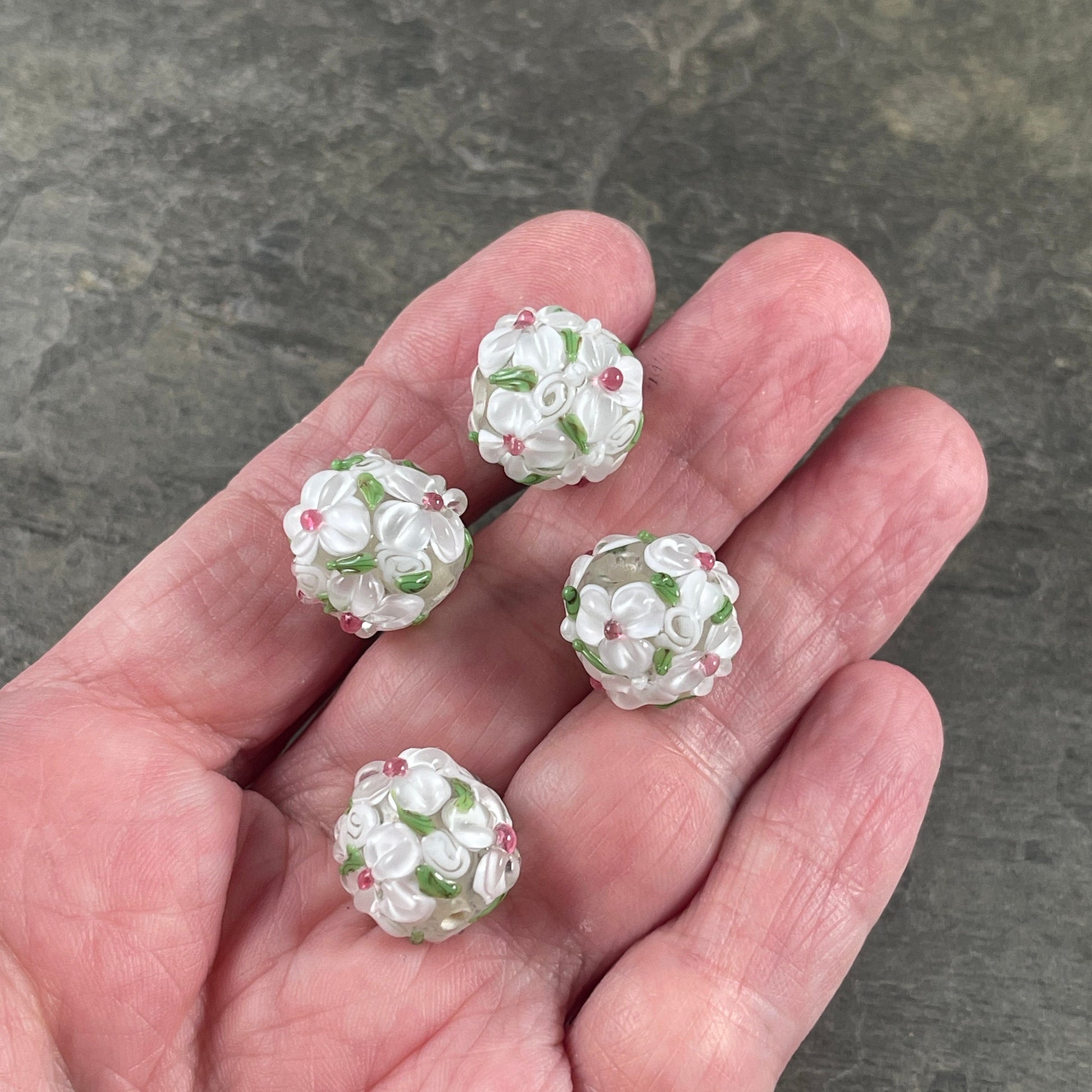 White Lampwork Flower Beads, 14mm White Flower Lampwork Beads (LB202) Floral Theme Lampwork Beads * Qty. 2
