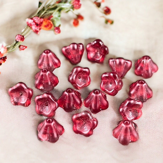 Czech Glass Flower Beads - Raspberry Pink Bell Flower, 6x8mm Berry Pink Flower Beads, Dark Pink Coated Glass Flower (BF/SM-K3712) * Qty. 25