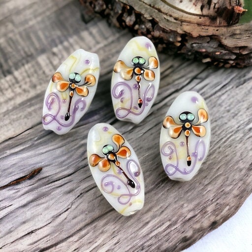 Dragonfly 30mmx17mm Lampwork Beads, White with Dragonfly and Purple Swirl Marquise Shaped Beads *