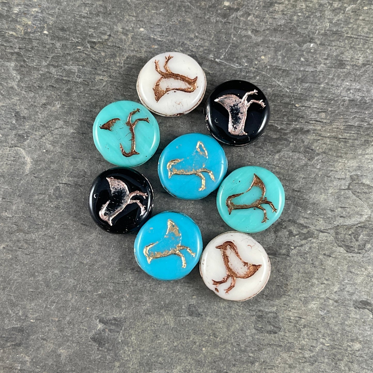 Czech Glass Coin Beads with Bird Design, Double Sided 12mm Beads ~ Bead Bungalow Exclusive Mix ~ Earring Pairs (COIN/BkBlMix) * Qty. 8