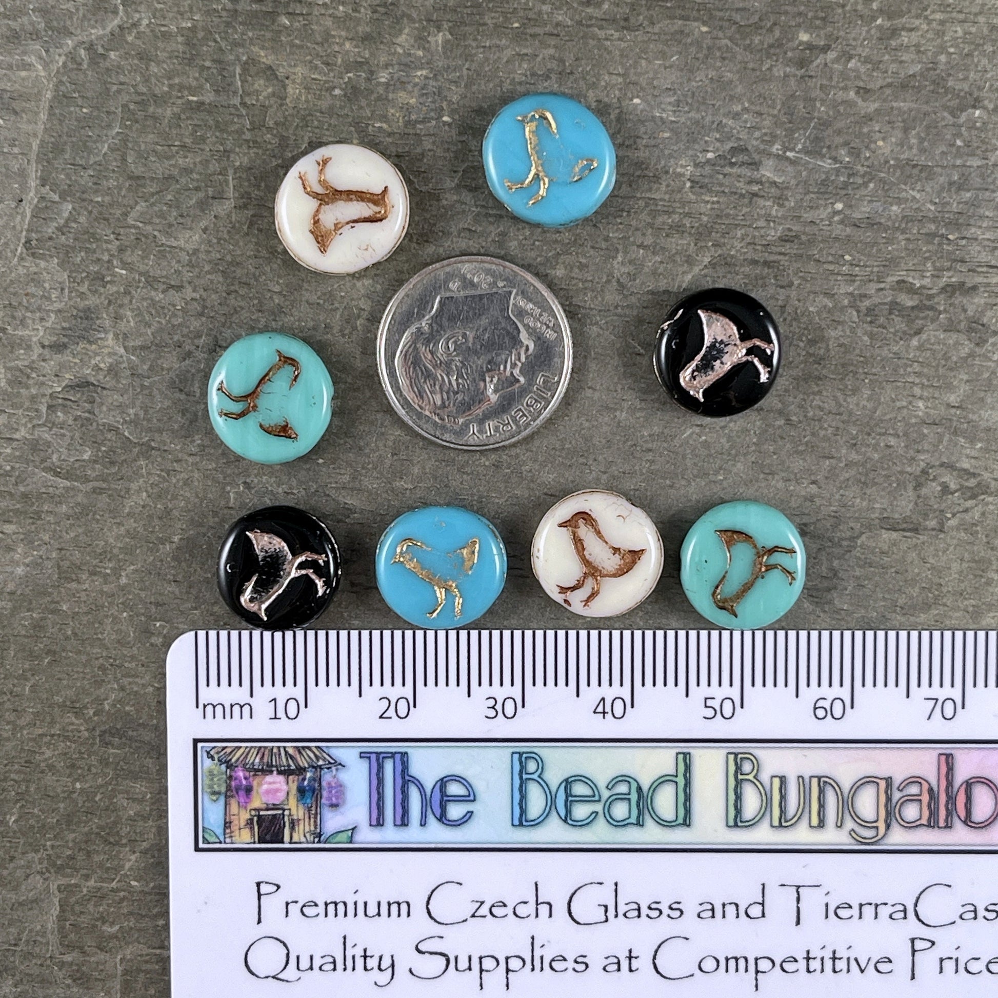 Czech Glass Coin Beads with Bird Design, Double Sided 12mm Beads ~ Bead Bungalow Exclusive Mix ~ Earring Pairs (COIN/BkBlMix) * Qty. 8