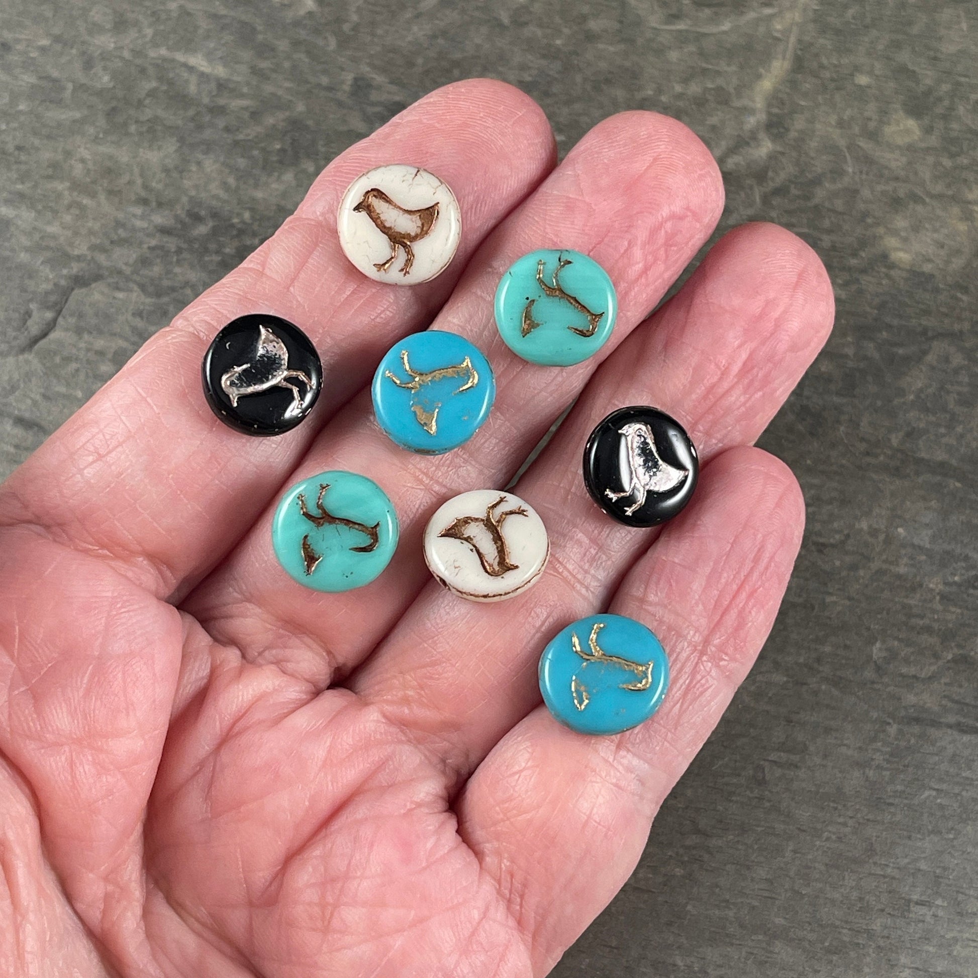 Czech Glass Coin Beads with Bird Design, Double Sided 12mm Beads ~ Bead Bungalow Exclusive Mix ~ Earring Pairs (COIN/BkBlMix) * Qty. 8