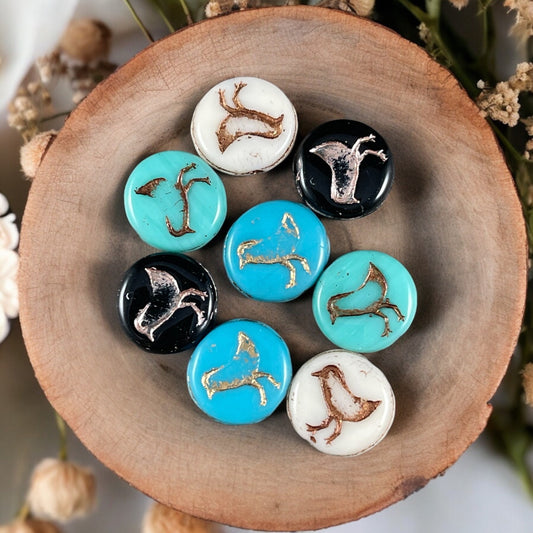 Czech Glass Beads - Coin Beads with Bird Design, Double Sided 12mm Beads, Bead Bungalow Exclusive Mix (COIN/BkBlMix) * Qty. 8