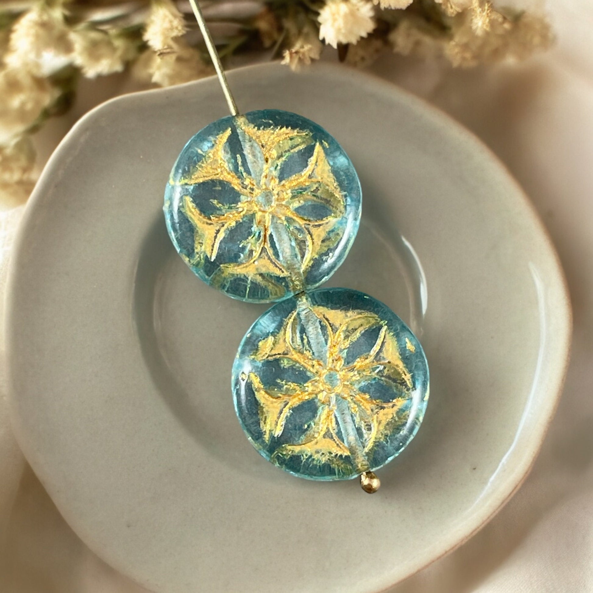 Czech Glass Flower Beads, Aqua and Gold 18mm Plumeria Flower Bead, Nature Theme Beads (PPF1) * Qty. 2