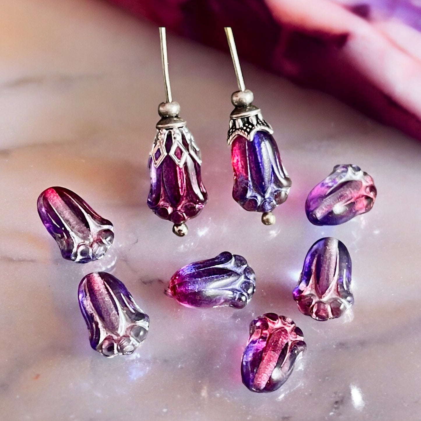 Czech Glass Flower, 12x8mm Lily Bud, Purple & Fucshia with Silver Wash (LBud16) * Qty. 12