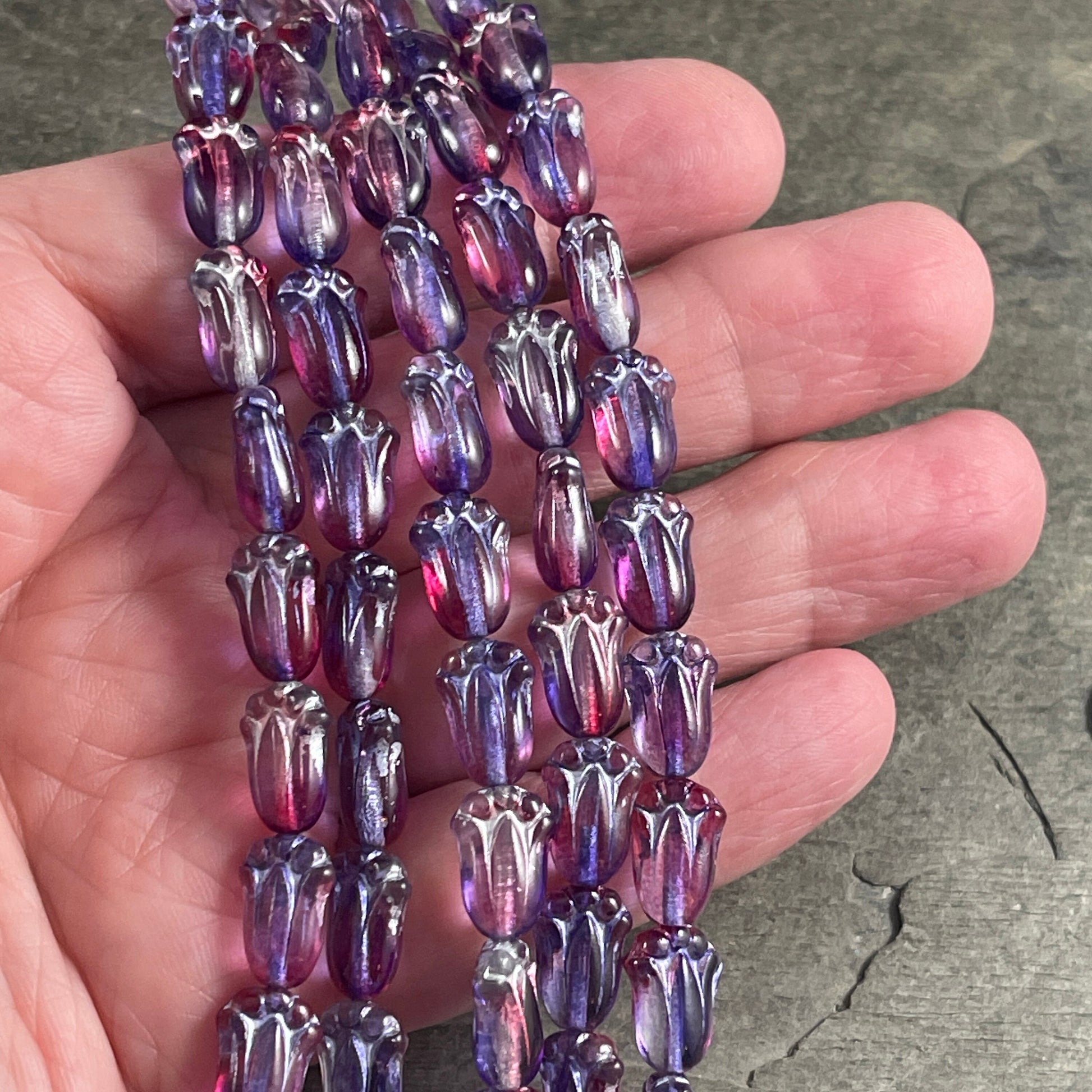 Czech Glass Flower, 12x8mm Lily Bud, Purple & Fucshia with Silver Wash (LBud16) * Qty. 12