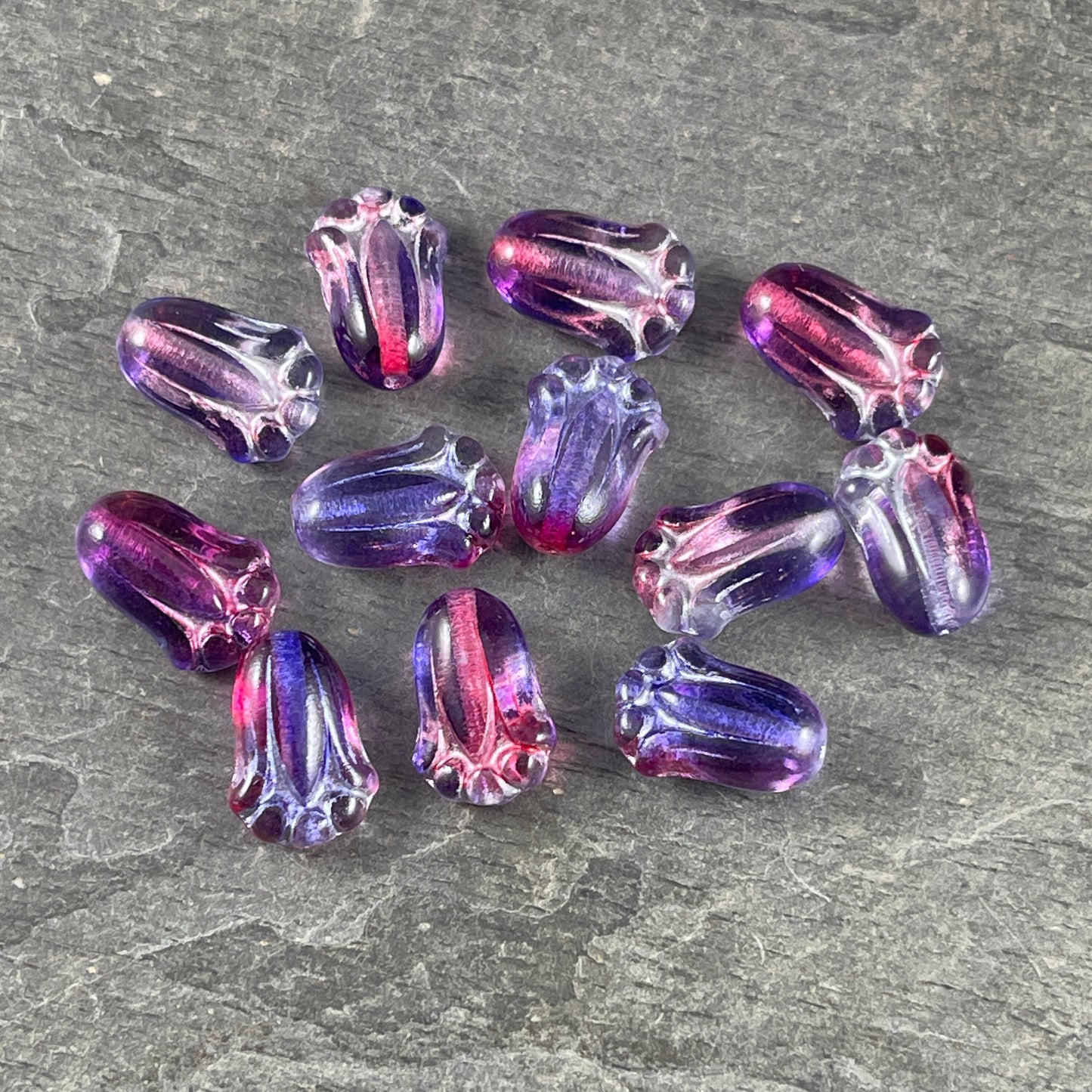 Czech Glass Flower, 12x8mm Lily Bud, Purple & Fucshia with Silver Wash (LBud16) * Qty. 12