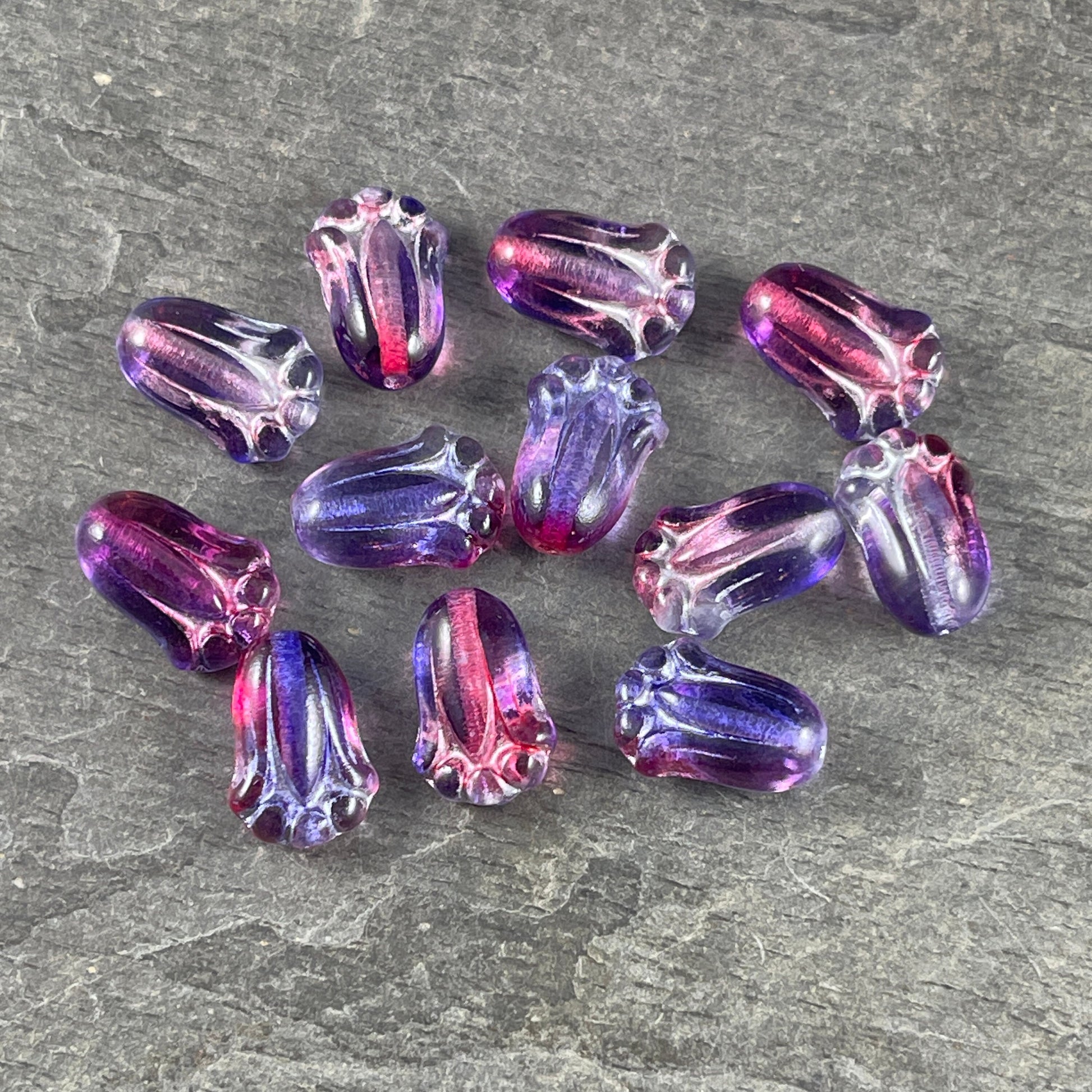 Czech Glass Flower, 12x8mm Lily Bud, Purple & Fucshia with Silver Wash (LBud16) * Qty. 12