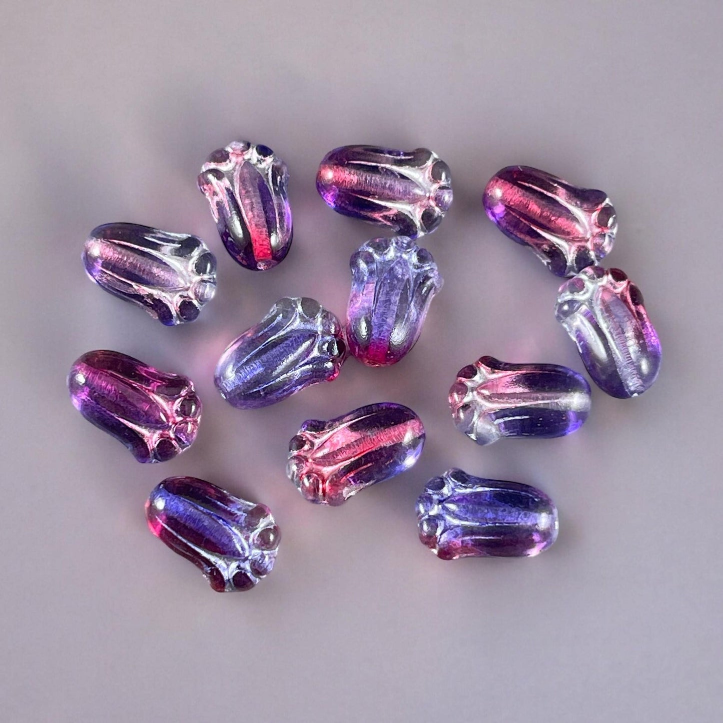 Czech Glass Flower, 12x8mm Lily Bud, Purple & Fucshia with Silver Wash (LBud16) * Qty. 12