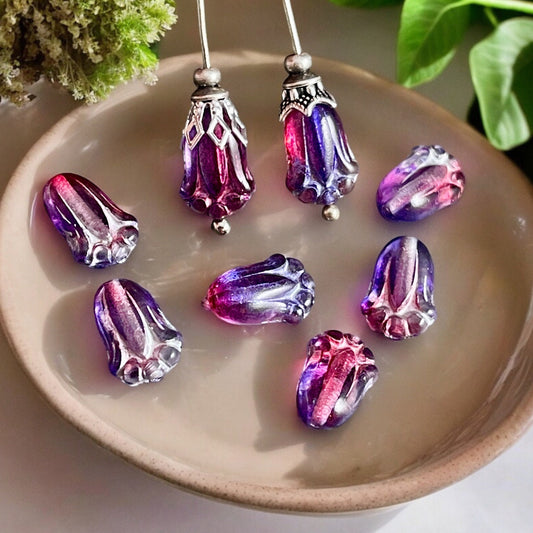 Transparent Purple and Fuchsia Czech Glass Flower ~ 12x8mm Lily Bud Flower ~ Purple & Pink Flower Bead (LBud16) * Qty. 12