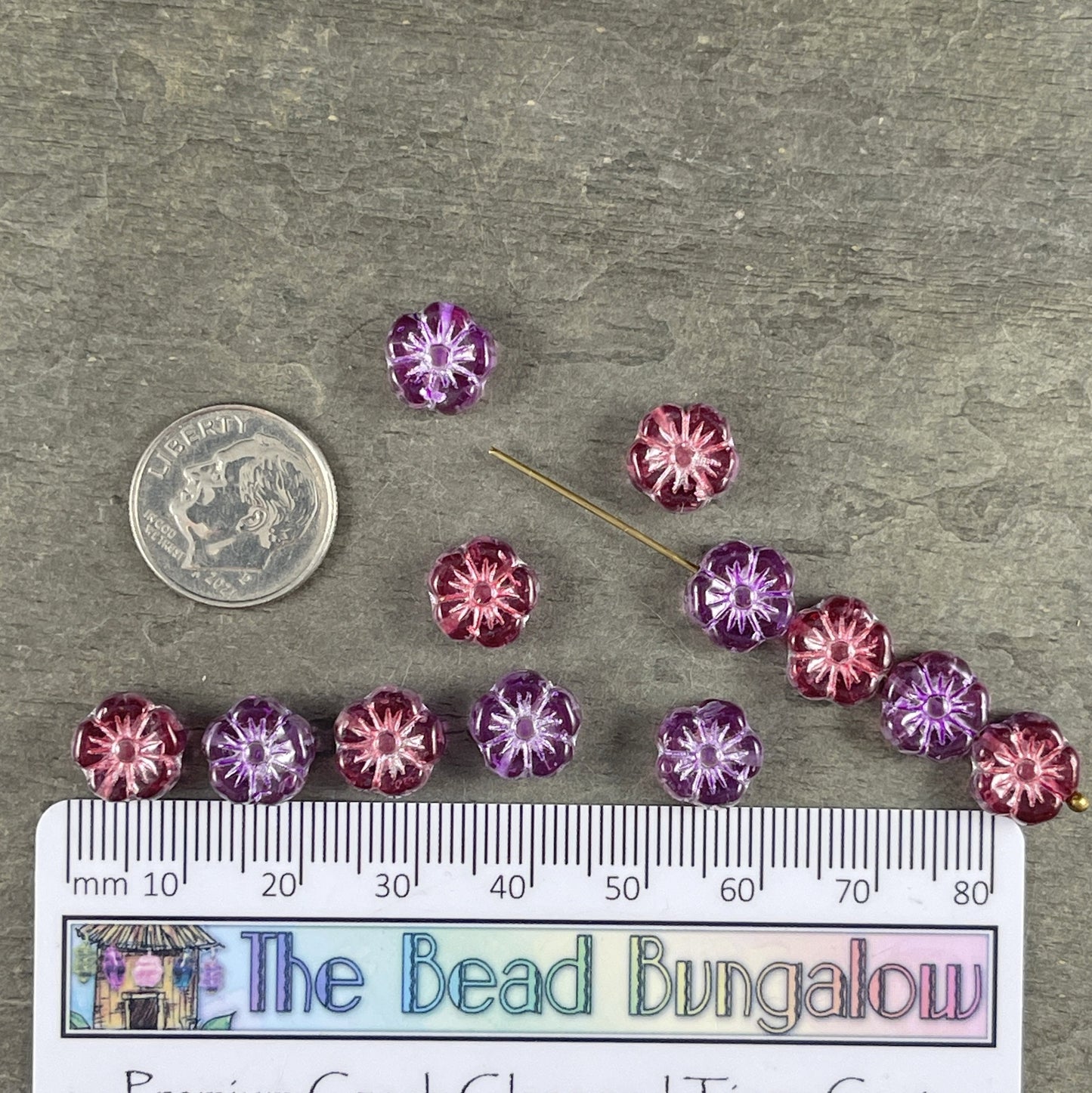 10mm Czech Glass Beads, Purple and Fuchsia Hibiscus, Purple and Pink Glass Flower(PHib11) * Qty. 12