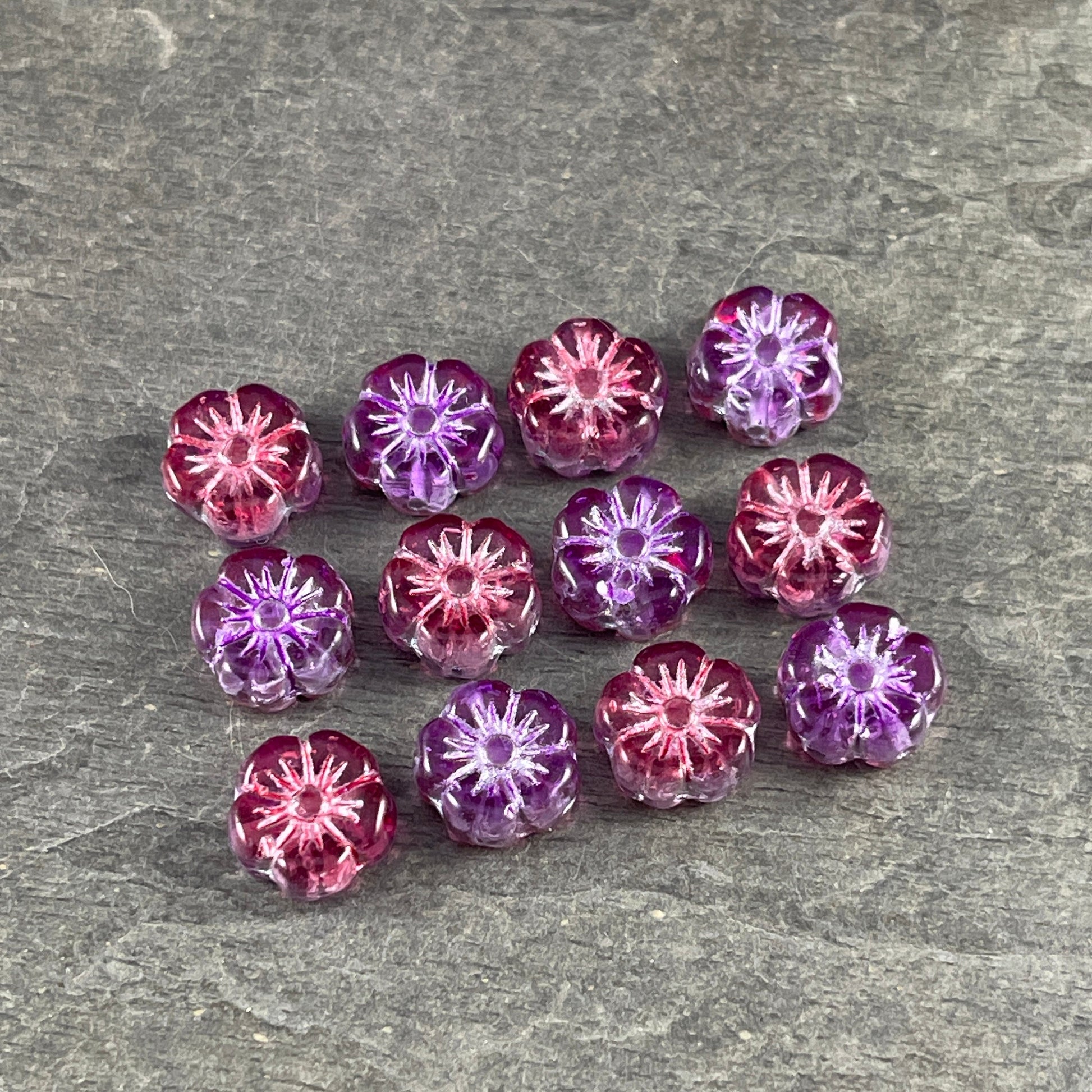 10mm Czech Glass Beads, Purple and Fuchsia Hibiscus, Purple and Pink Glass Flower(PHib11) * Qty. 12