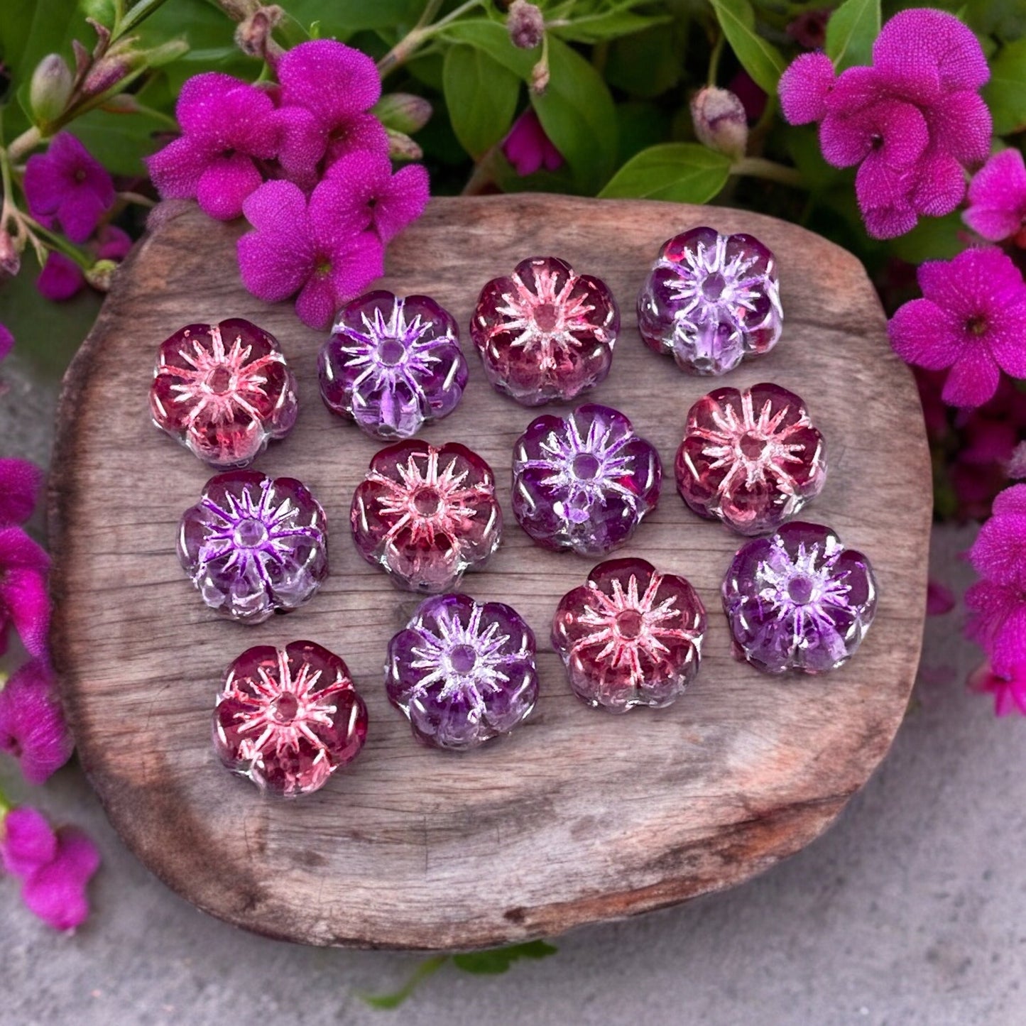 10mm Czech Glass Beads, Purple and Fuchsia Hibiscus, Purple and Pink Glass Flower(PHib11) * Qty. 12